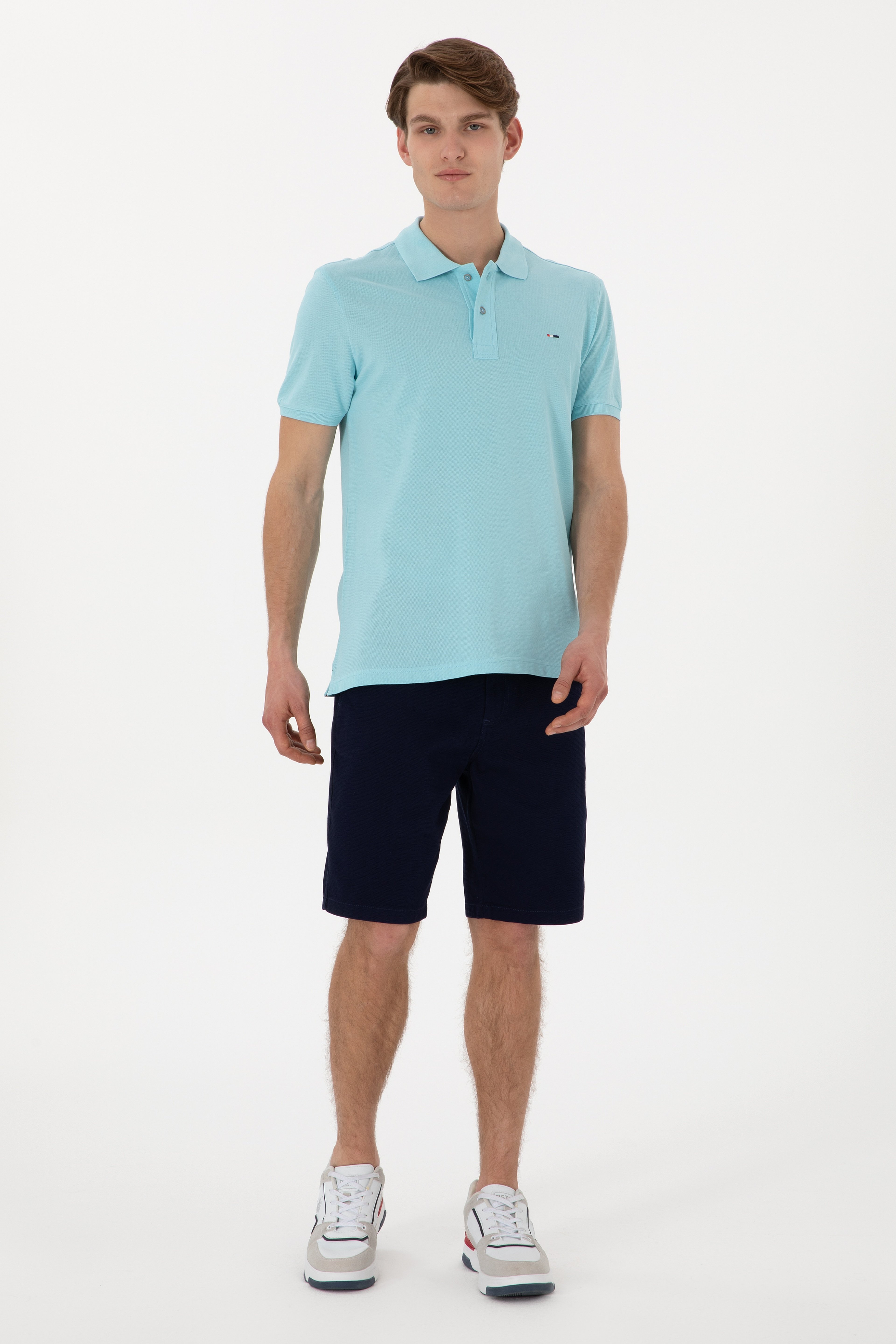 Erkek Slim Fit Polo Yaka Aqua Basic Tişört - Image 4