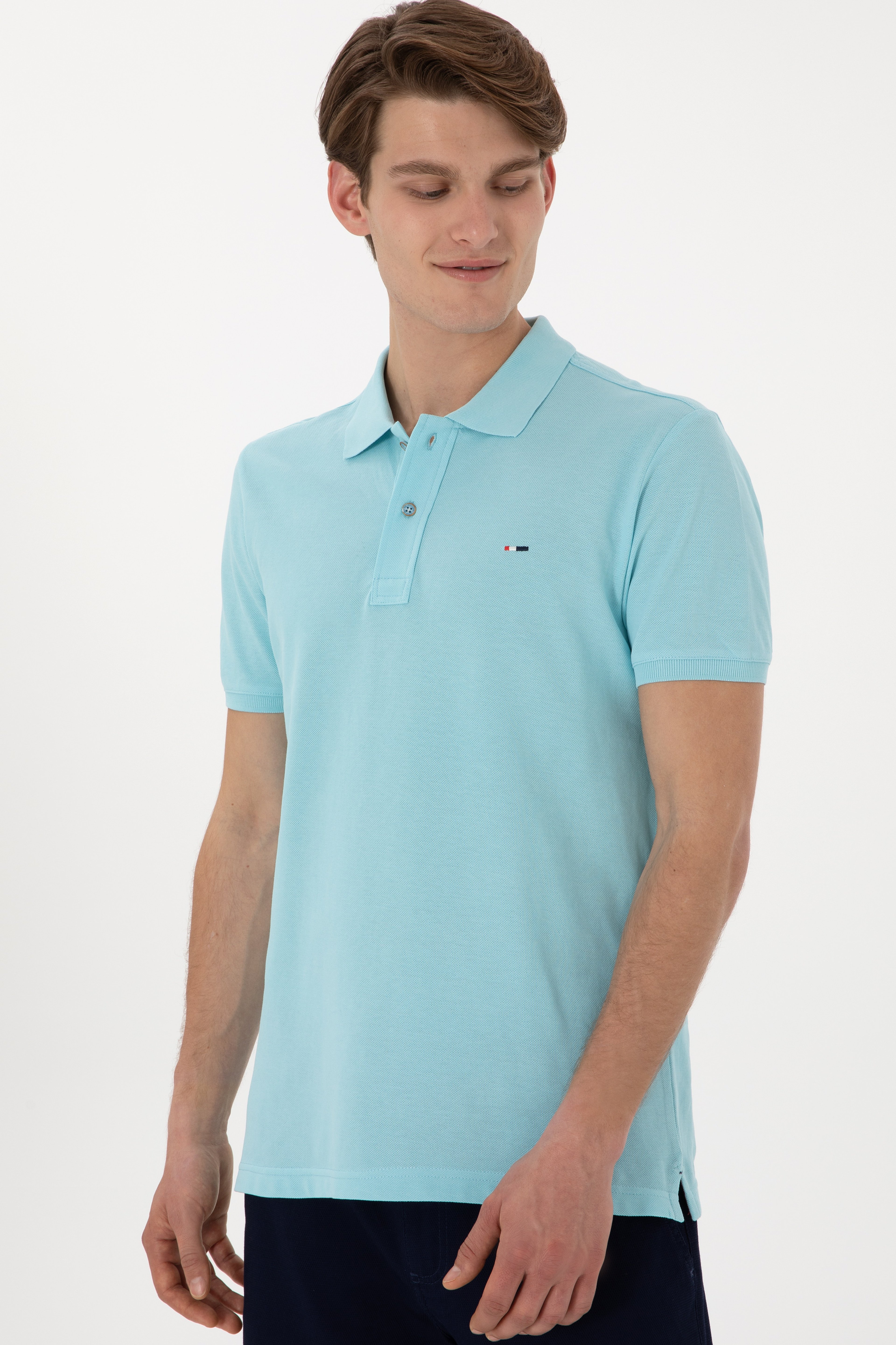 Erkek Slim Fit Polo Yaka Aqua Basic Tişört - Image 3