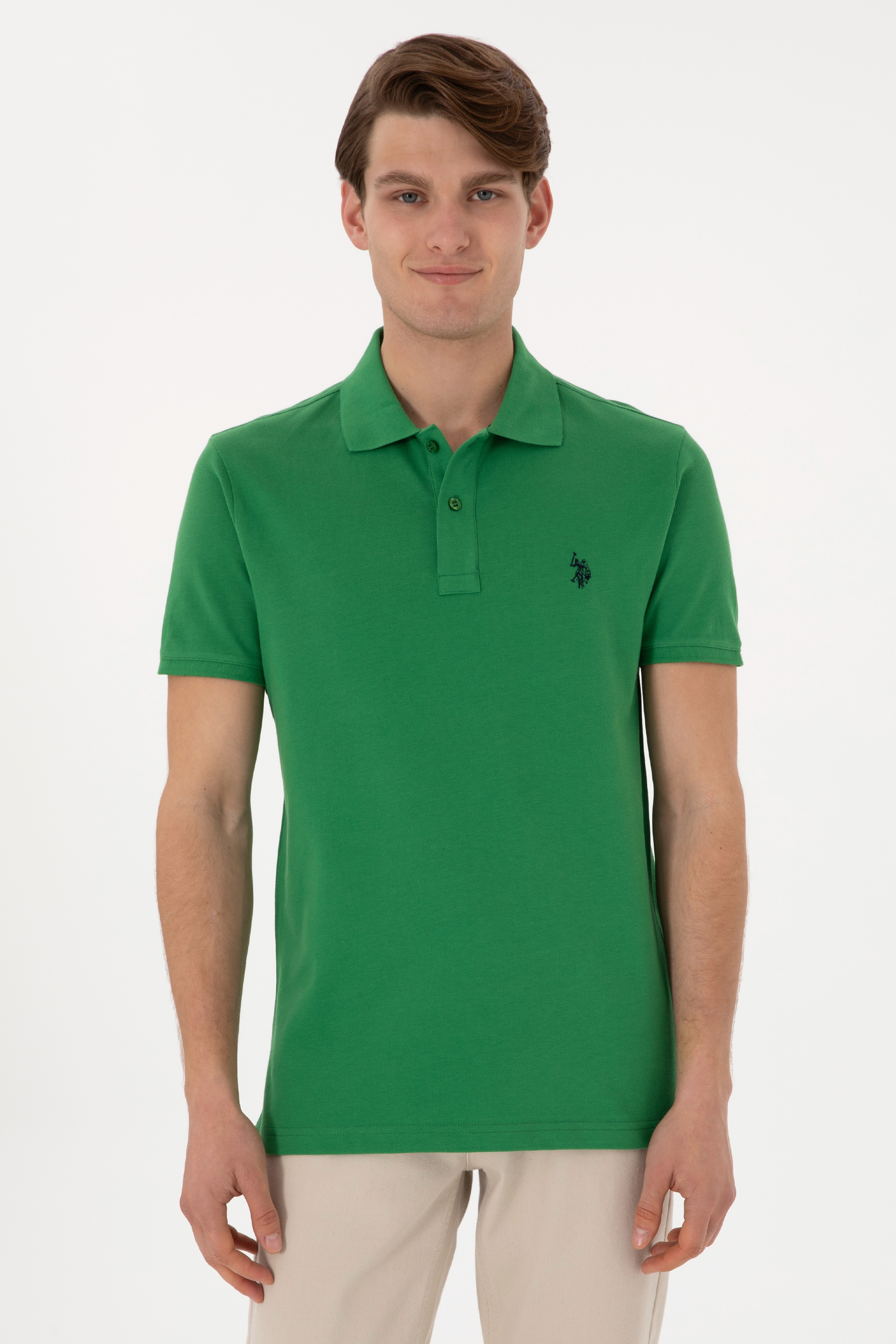 Erkek Slim Fit Polo Yaka Yeşil Basic Tişört - Image 1