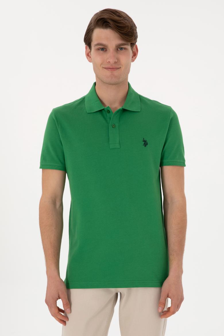 Erkek Slim Fit Polo Yaka Yeşil Basic Tişört