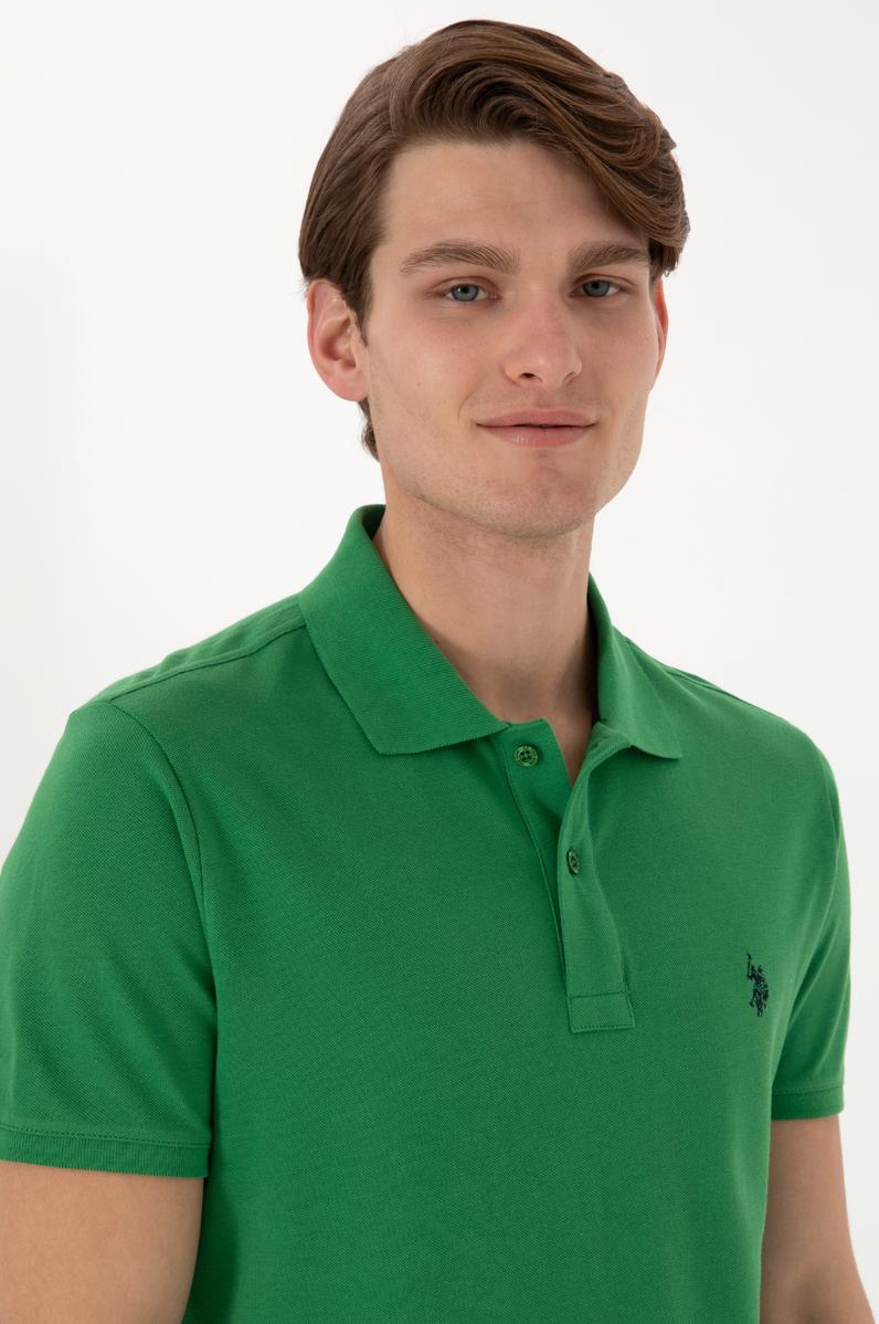 Erkek Slim Fit Polo Yaka Yeşil Basic Tişört