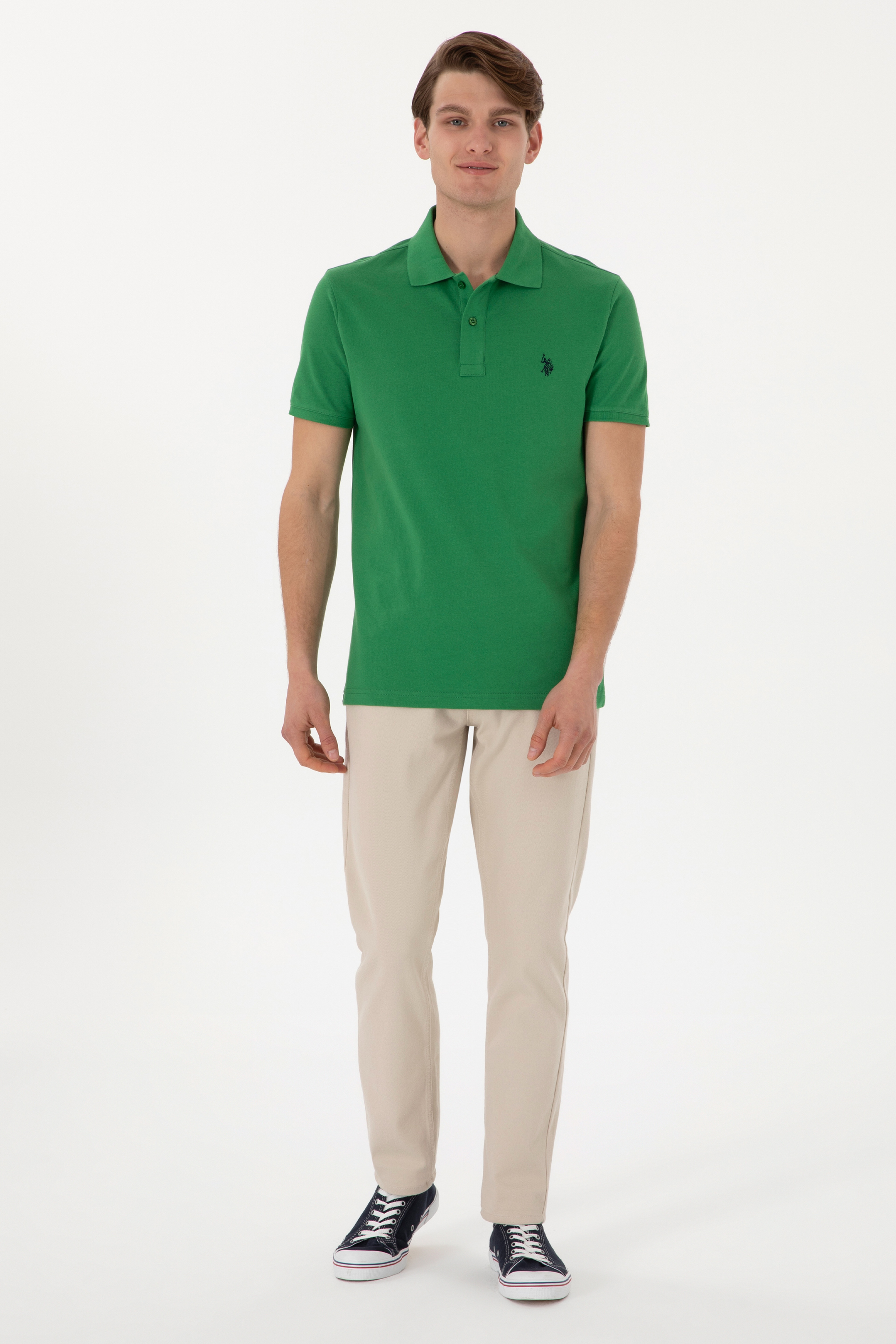 Erkek Slim Fit Polo Yaka Yeşil Basic Tişört
