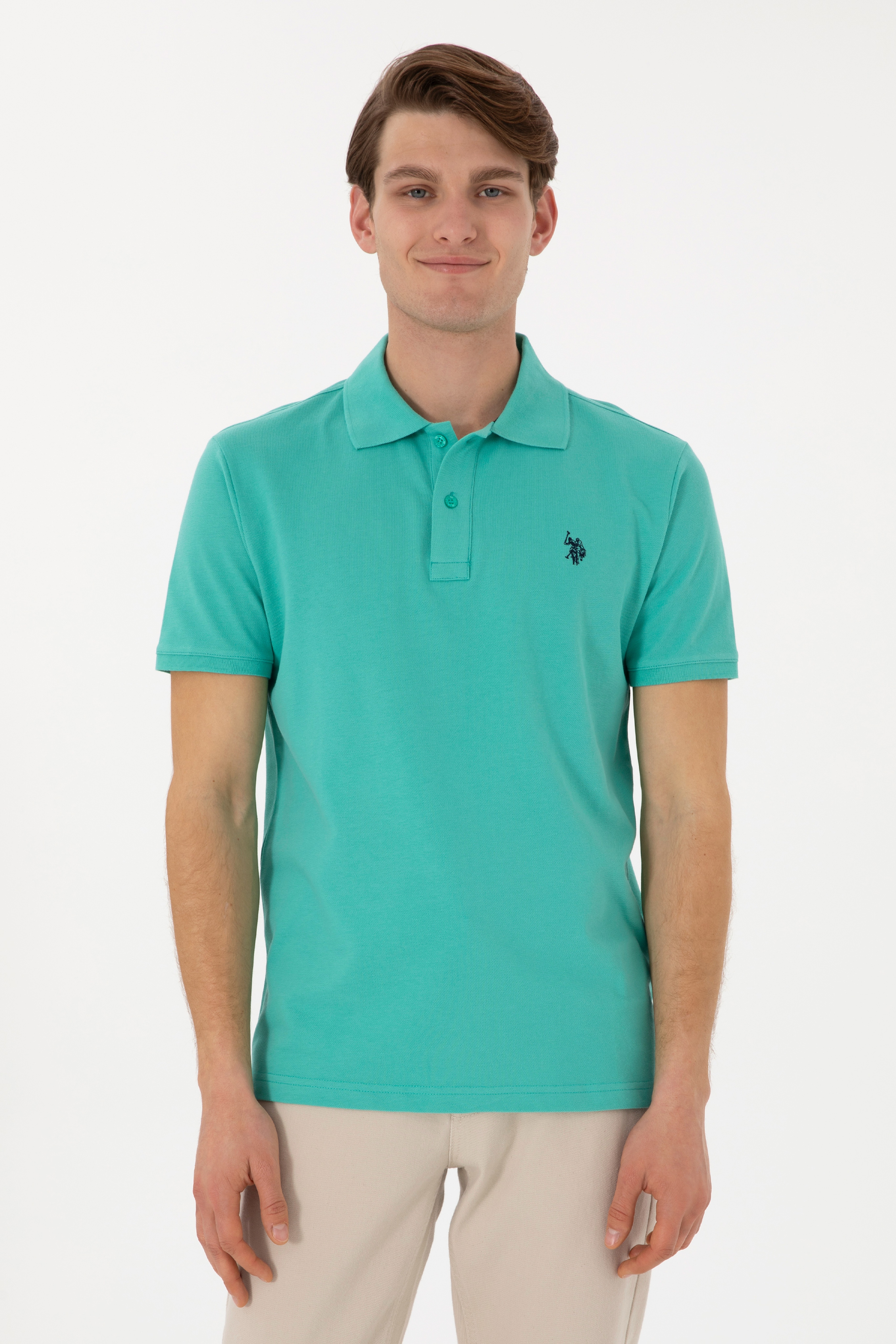Erkek Slim Fit Polo Yaka Mint Basic Tişört - Image 1