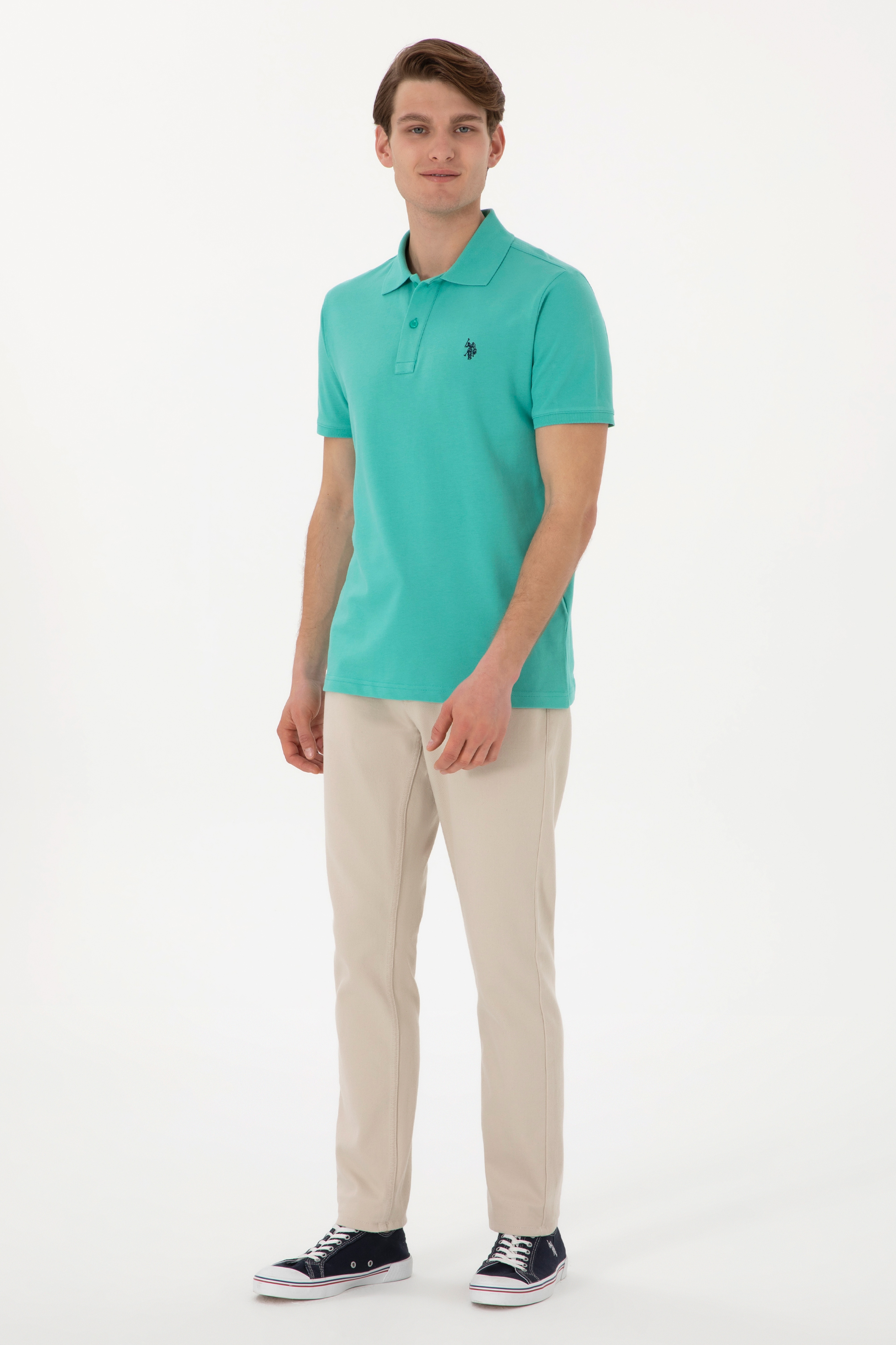 Erkek Slim Fit Polo Yaka Mint Basic Tişört - Image 4