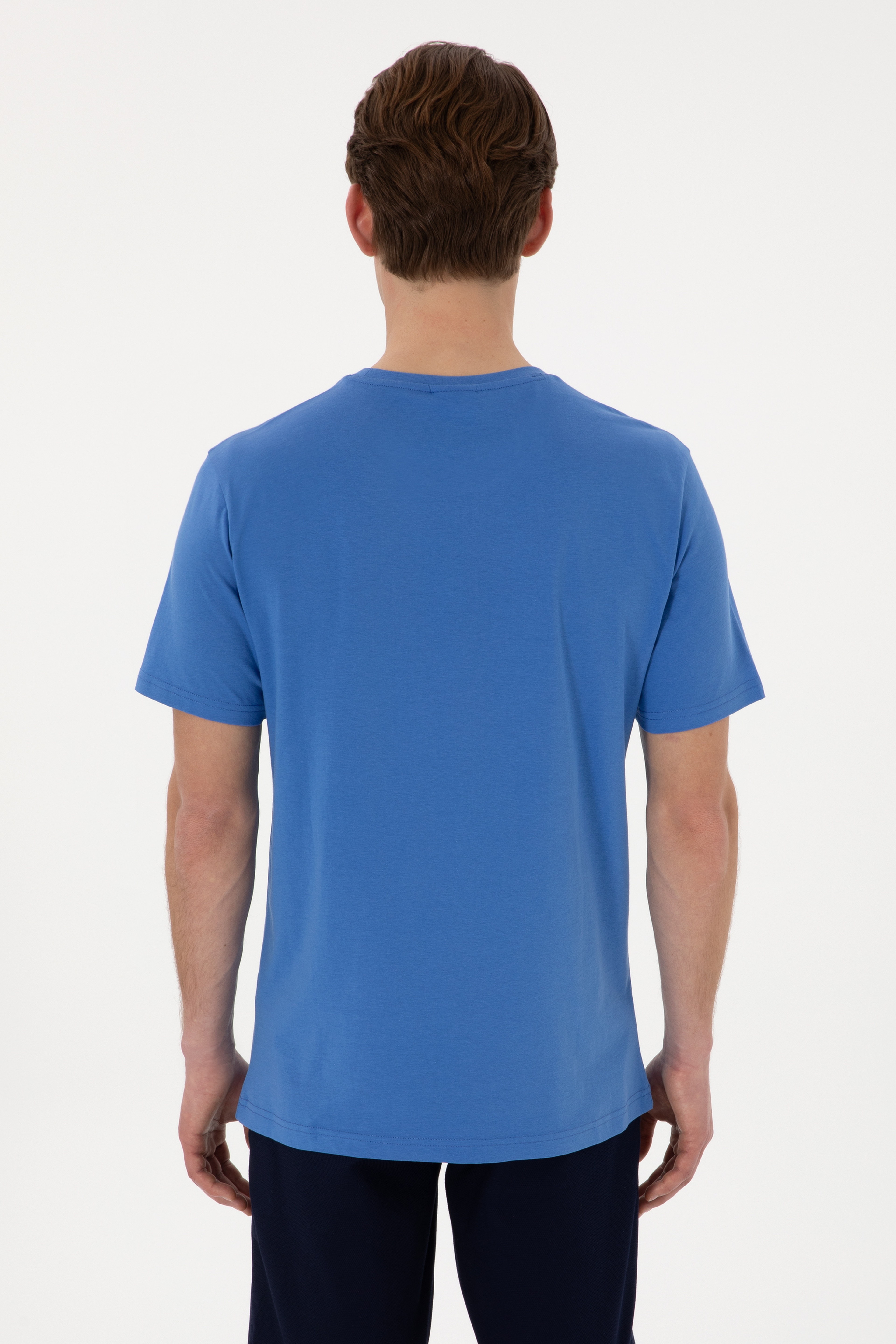 Erkek Regular Fit Bisiklet Yaka İndigo Basic Tişört - Image 5