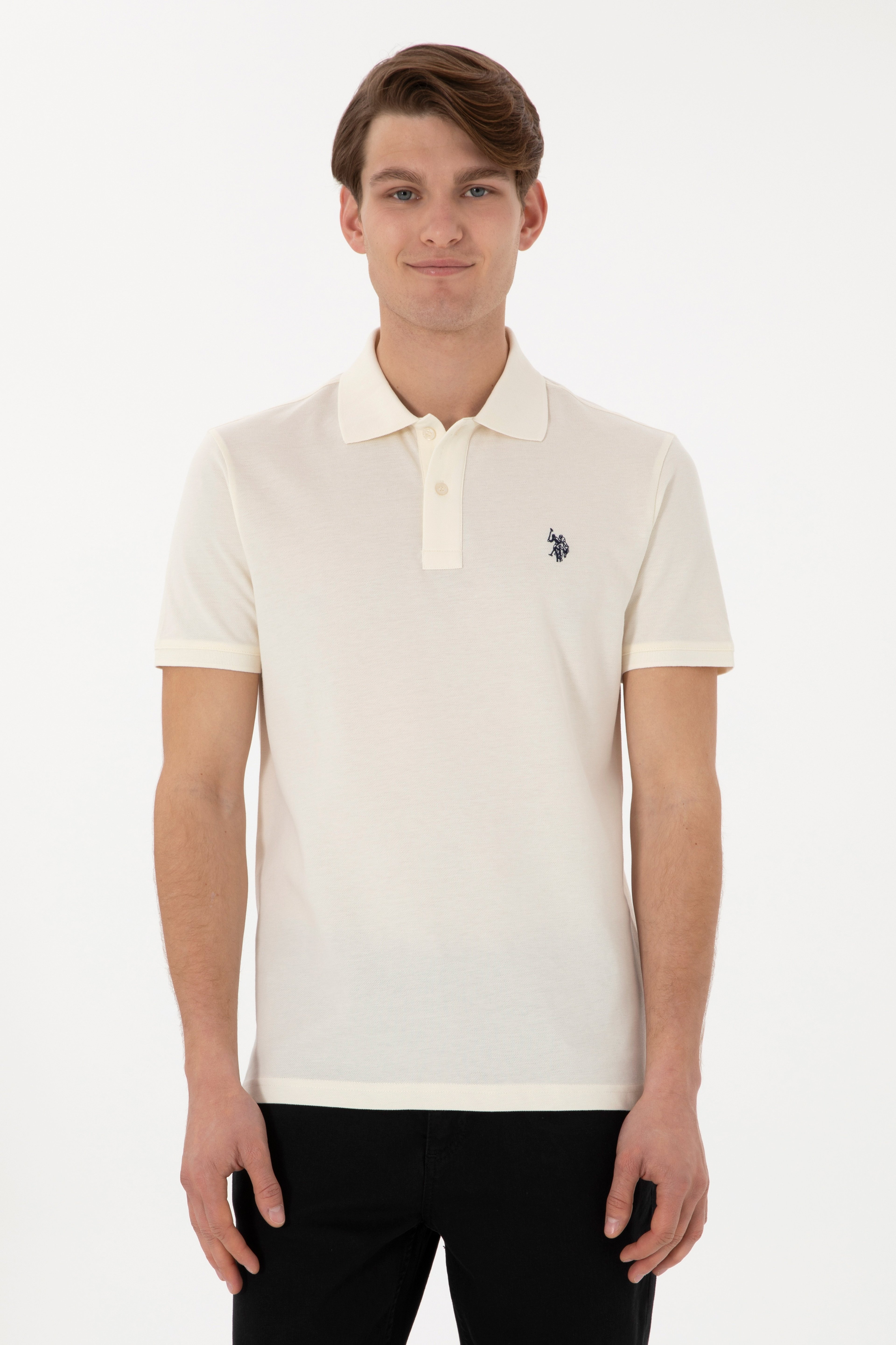 Erkek Slim Fit Polo Yaka Krem Basic Tişört - Image 1
