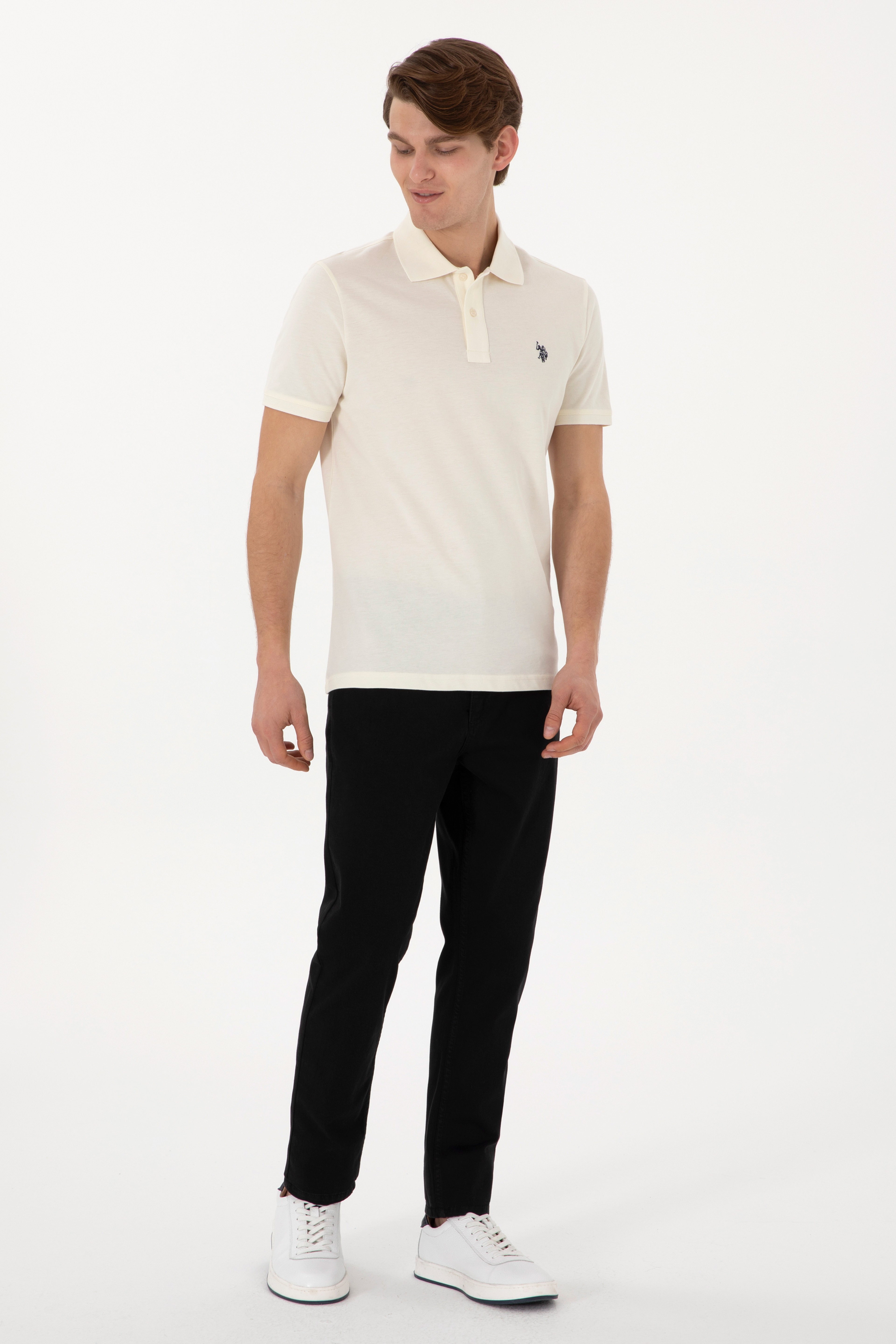 Erkek Slim Fit Polo Yaka Krem Basic Tişört