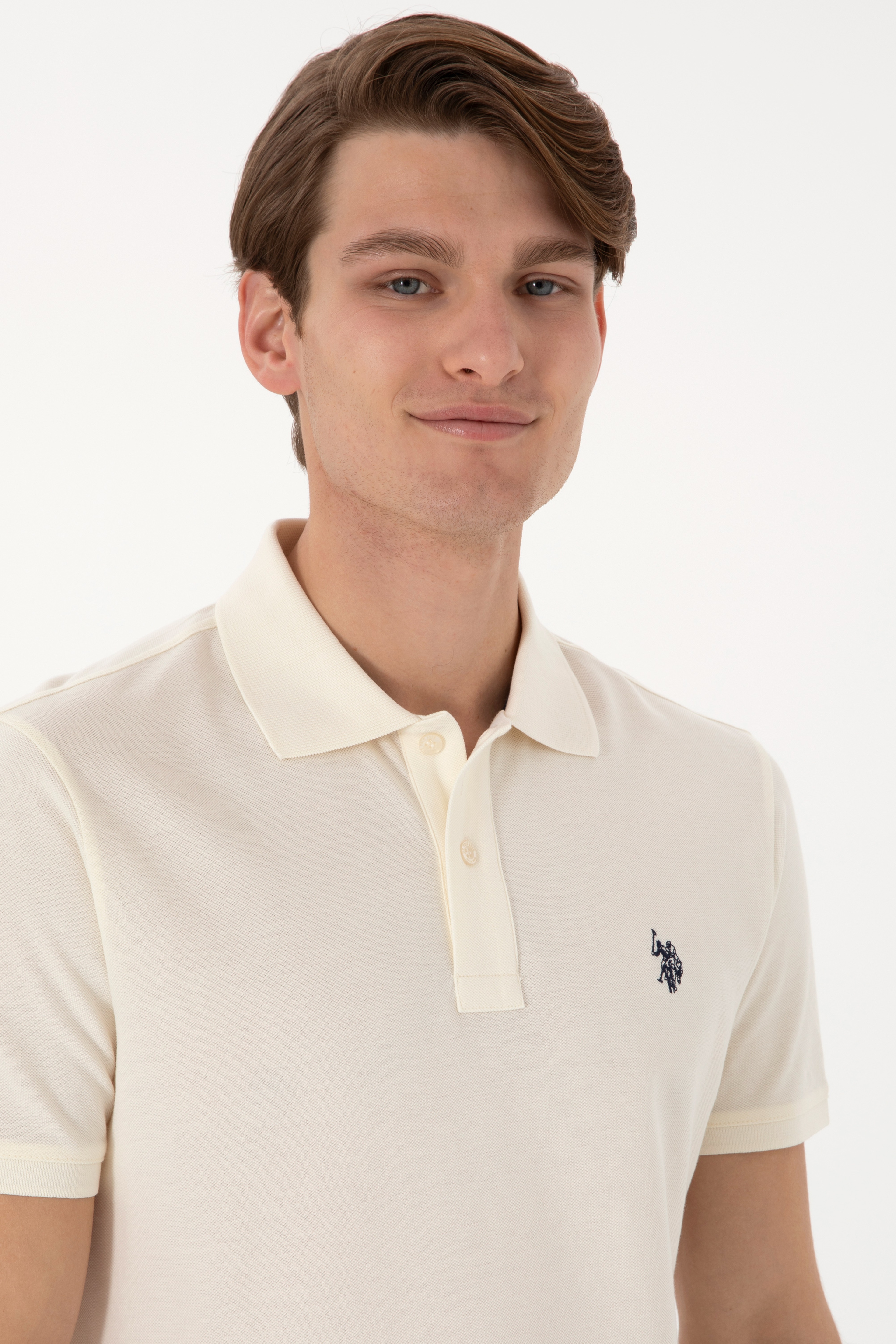 Erkek Slim Fit Polo Yaka Krem Basic Tişört - Image 2