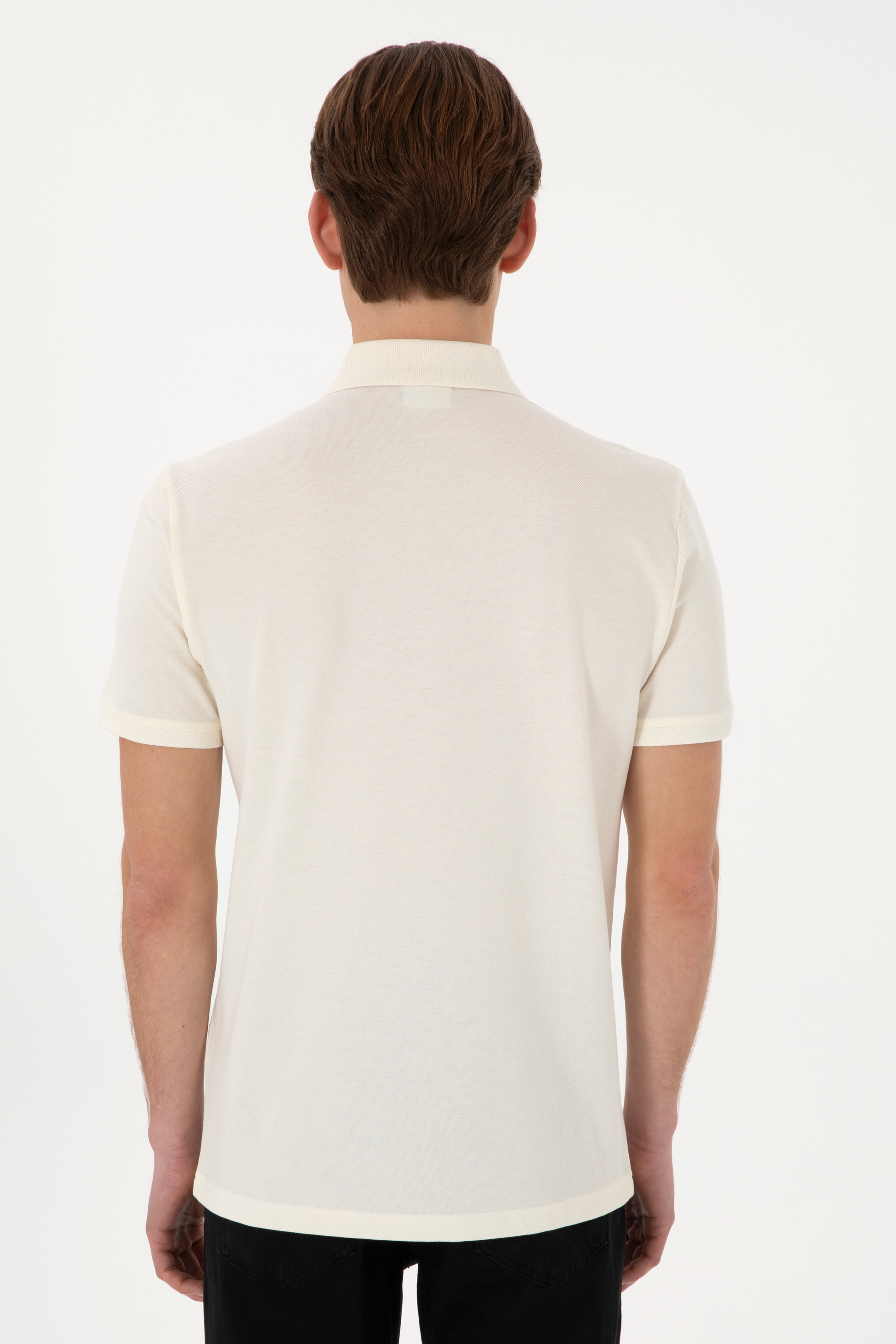 Erkek Slim Fit Polo Yaka Krem Basic Tişört - Image 5