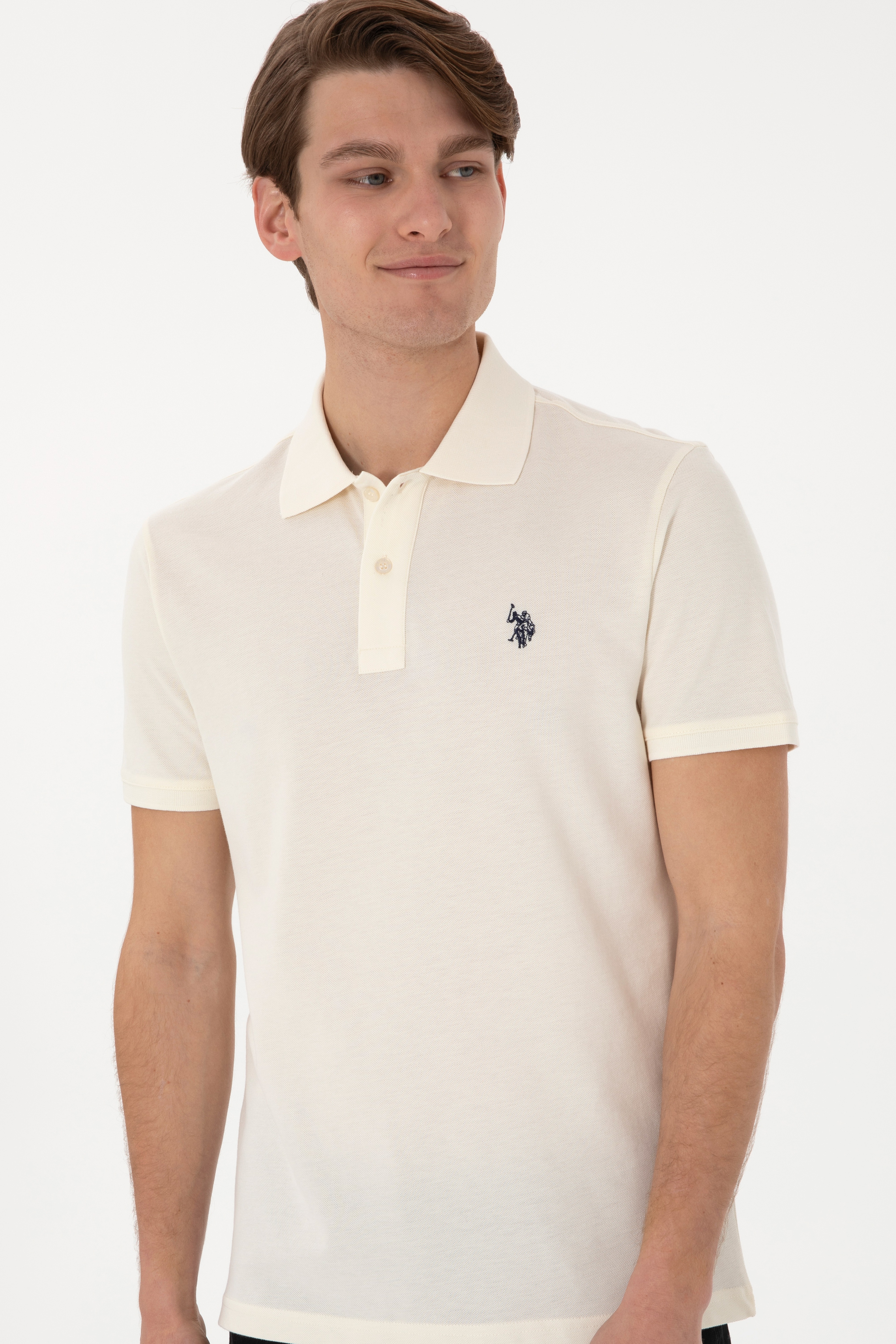 Erkek Slim Fit Polo Yaka Krem Basic Tişört