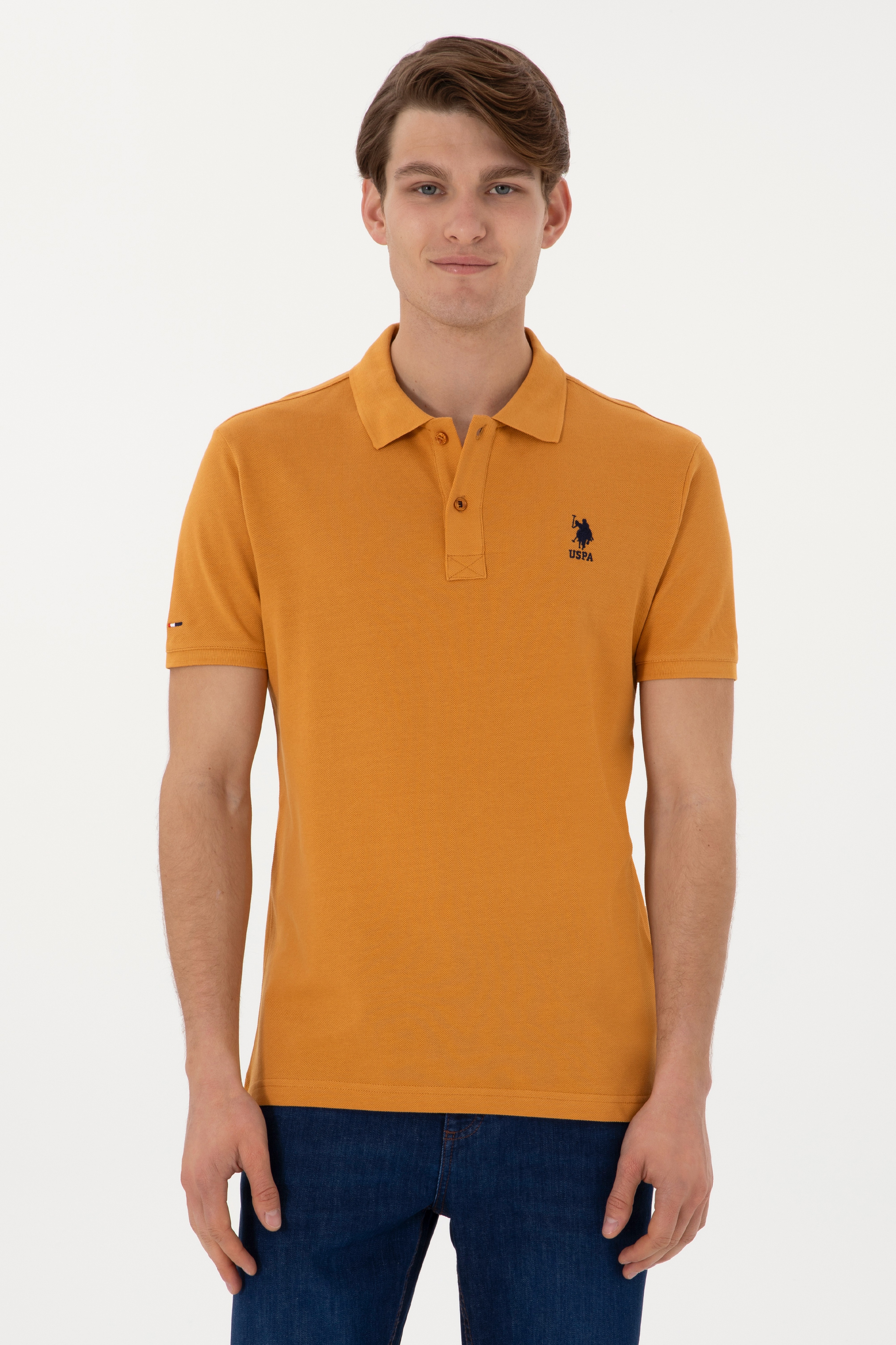 Erkek Slim Fit Polo Yaka Hardal Basic Tişört - Image 1