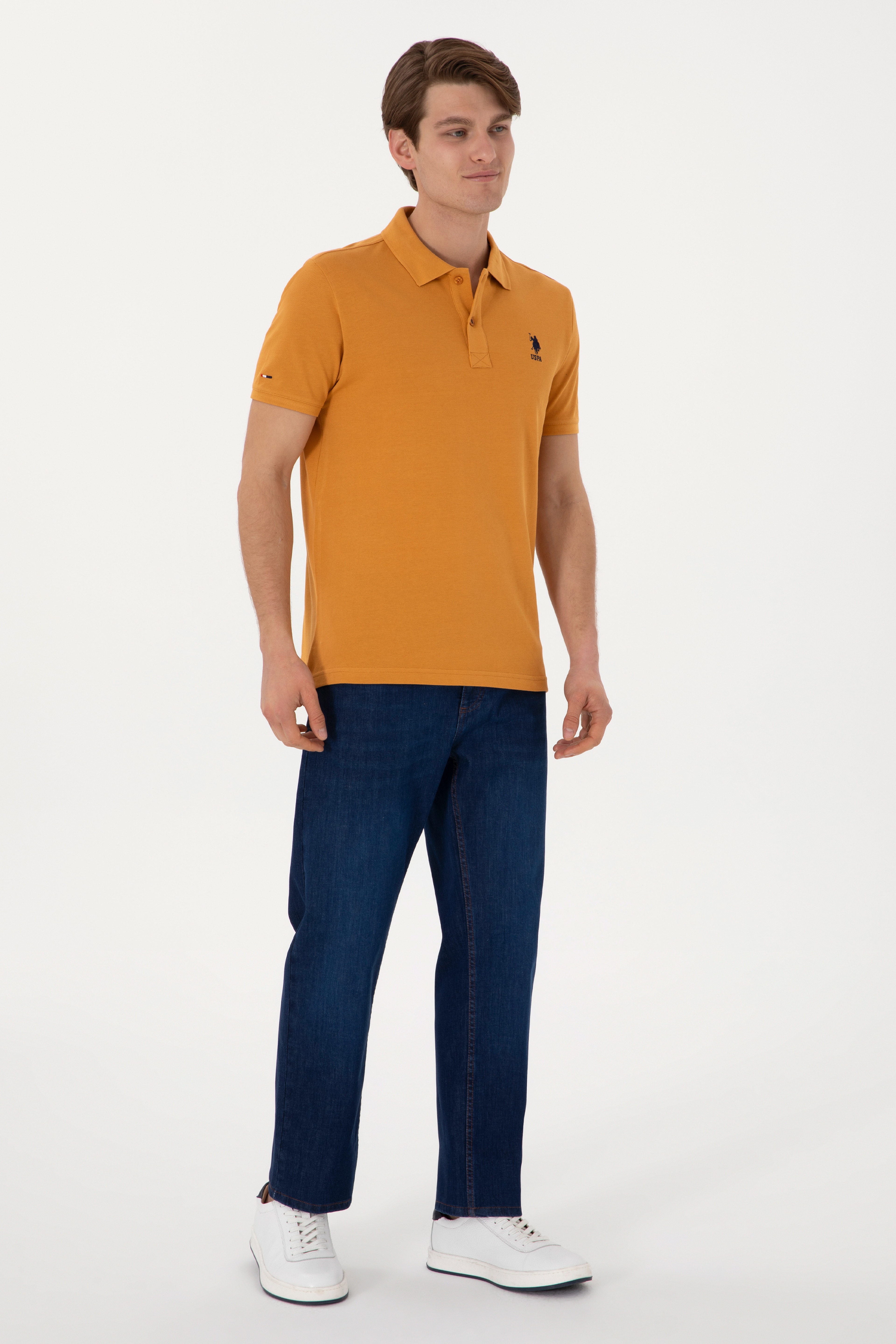 Erkek Slim Fit Polo Yaka Hardal Basic Tişört