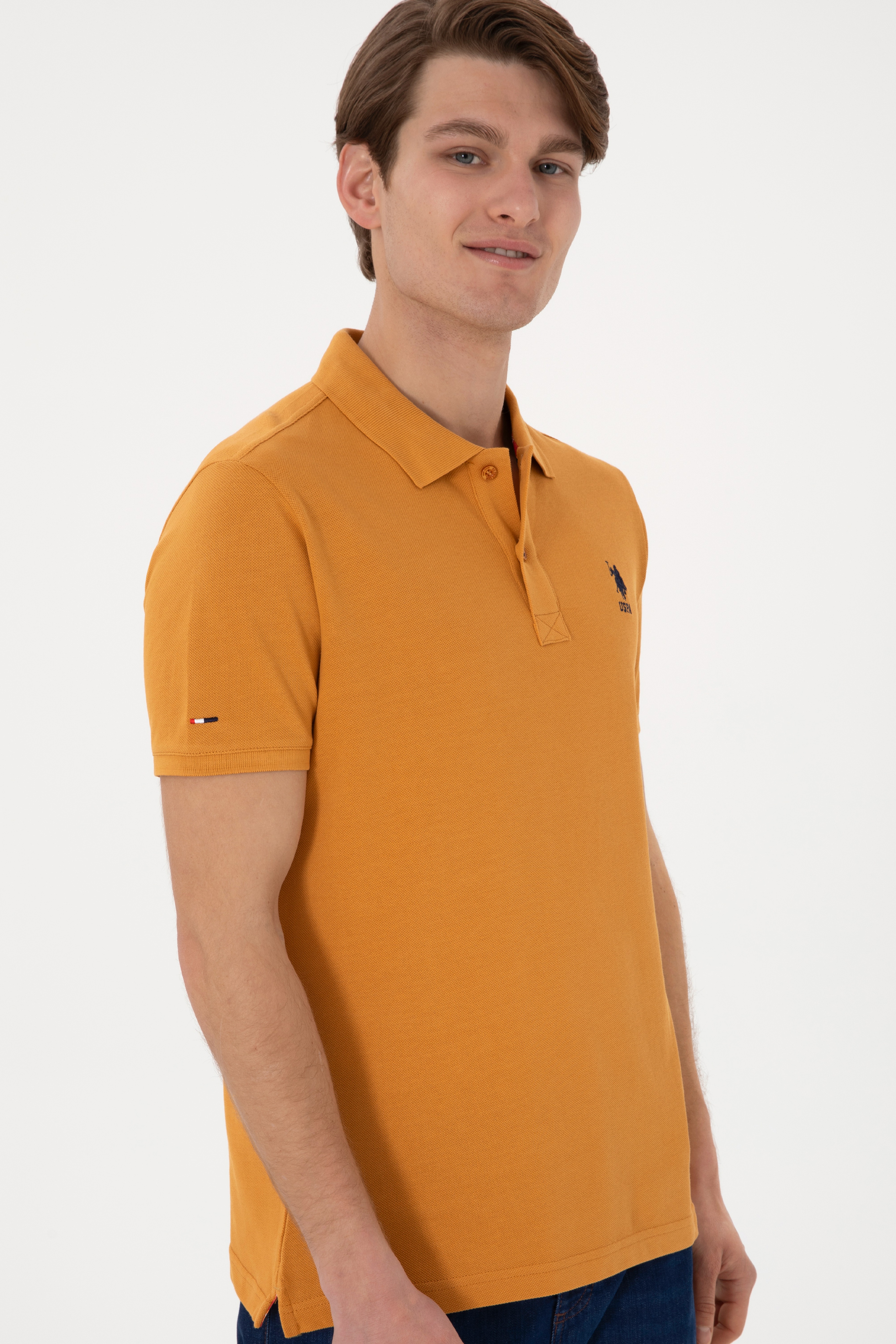 Erkek Slim Fit Polo Yaka Hardal Basic Tişört - Image 3
