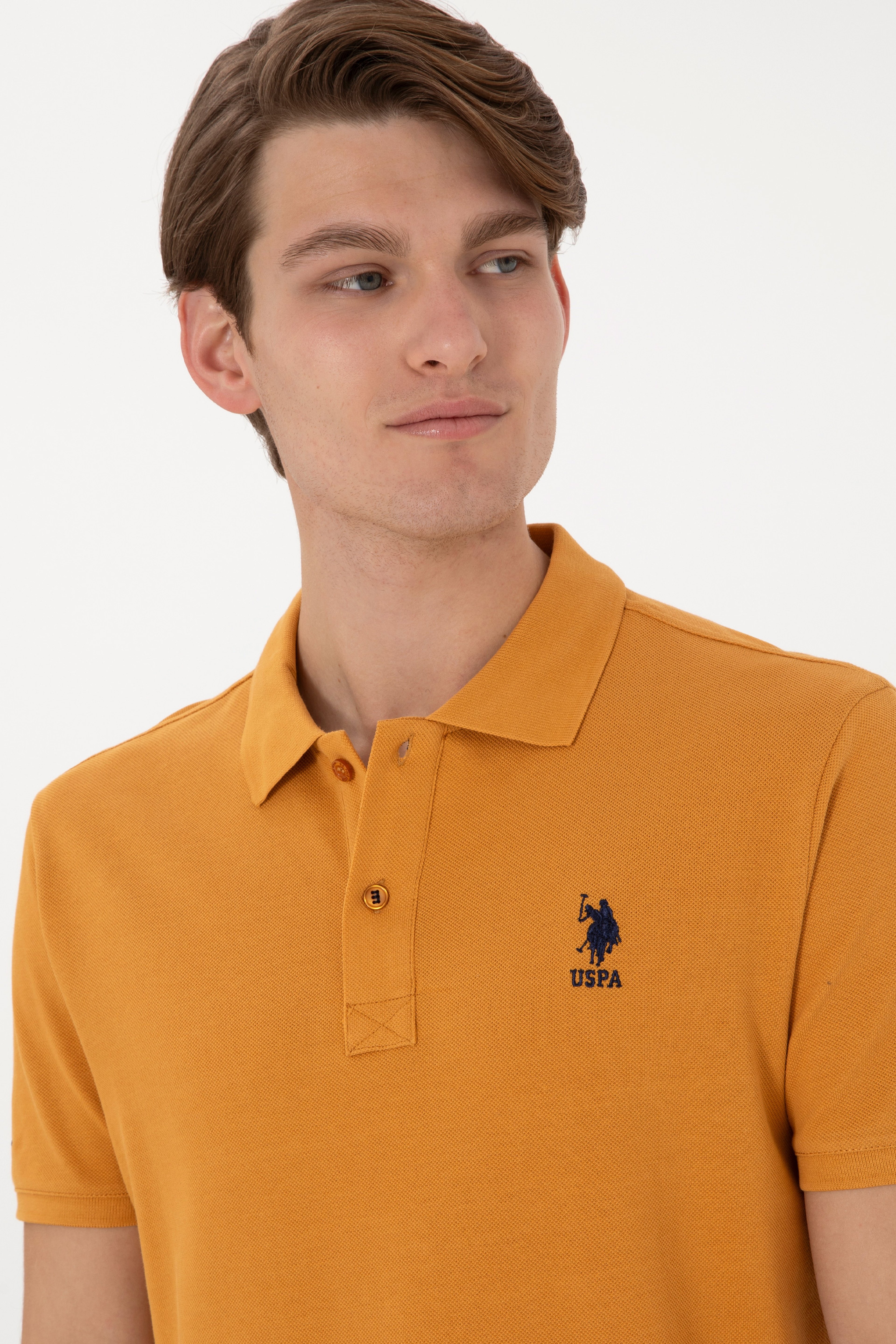 Erkek Slim Fit Polo Yaka Hardal Basic Tişört - Image 2