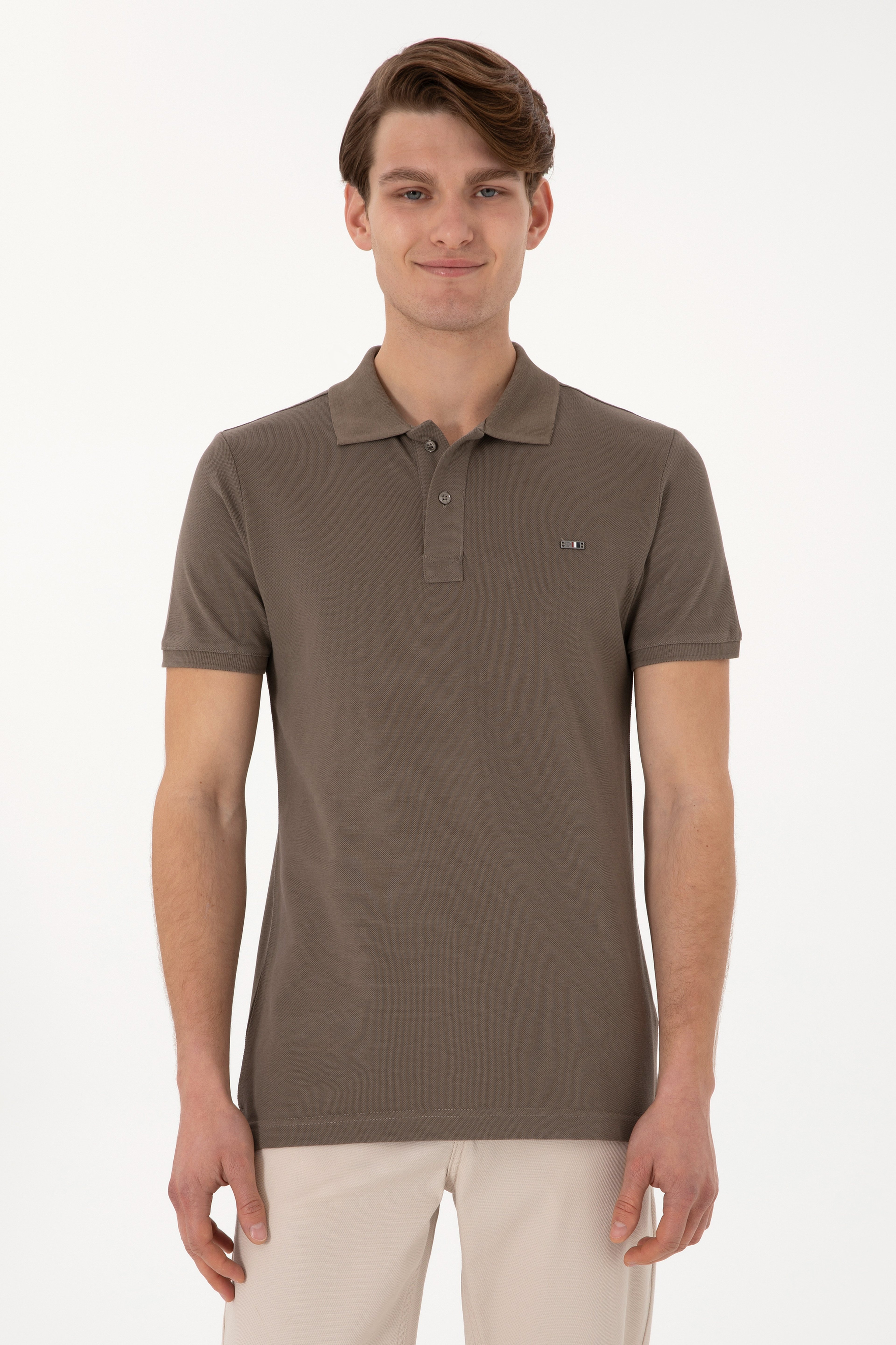 Erkek Slim Fit Polo Yaka Vizon Basic Tişört - Image 1