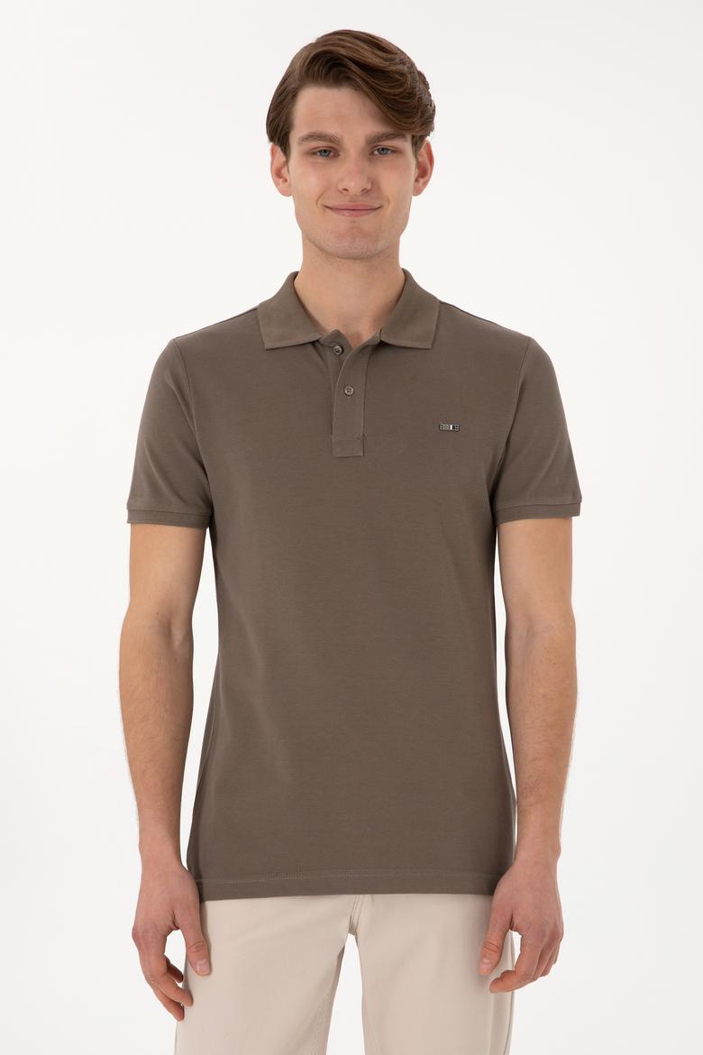 Erkek Slim Fit Polo Yaka Vizon Basic Tişört