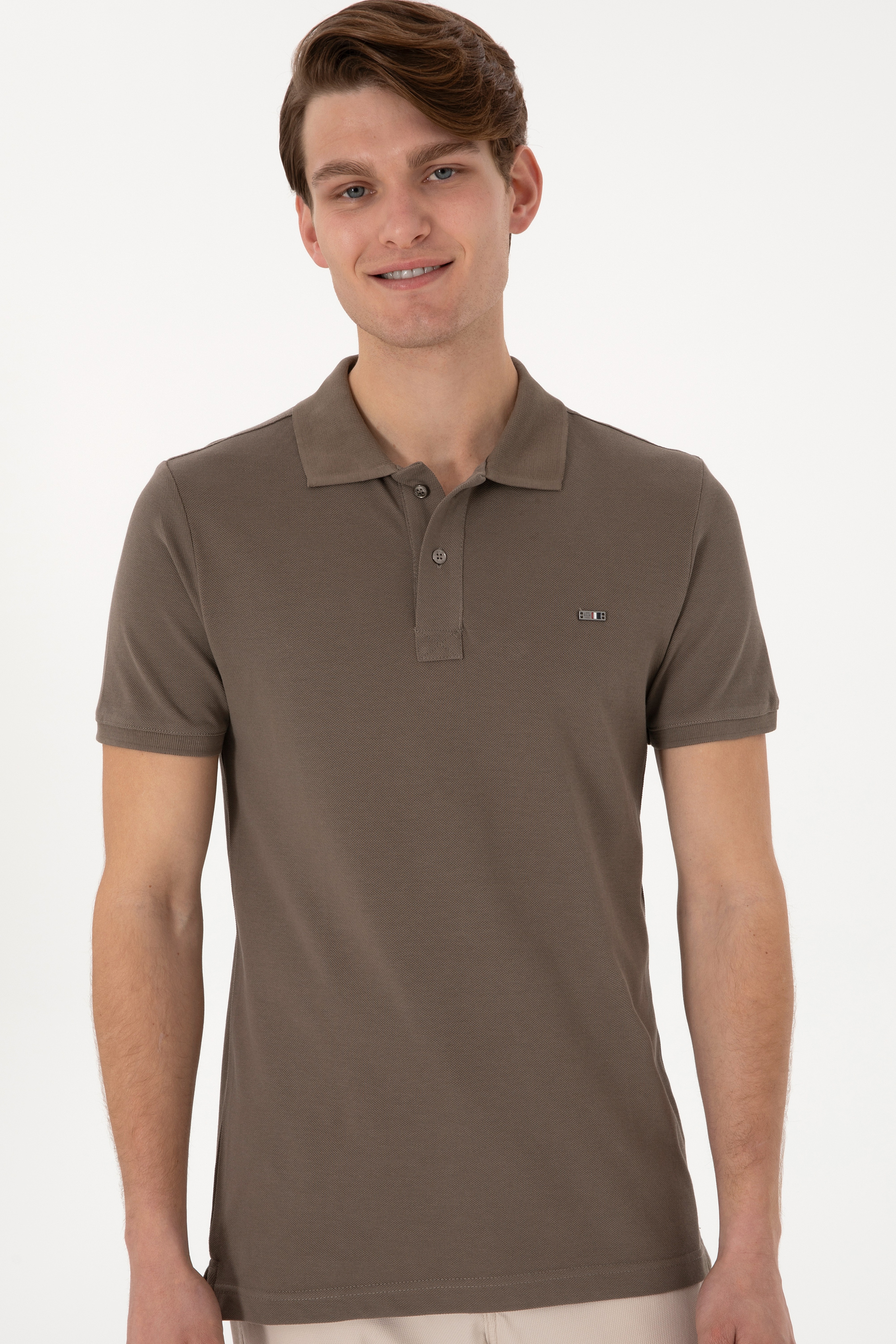 Erkek Slim Fit Polo Yaka Vizon Basic Tişört - Image 3