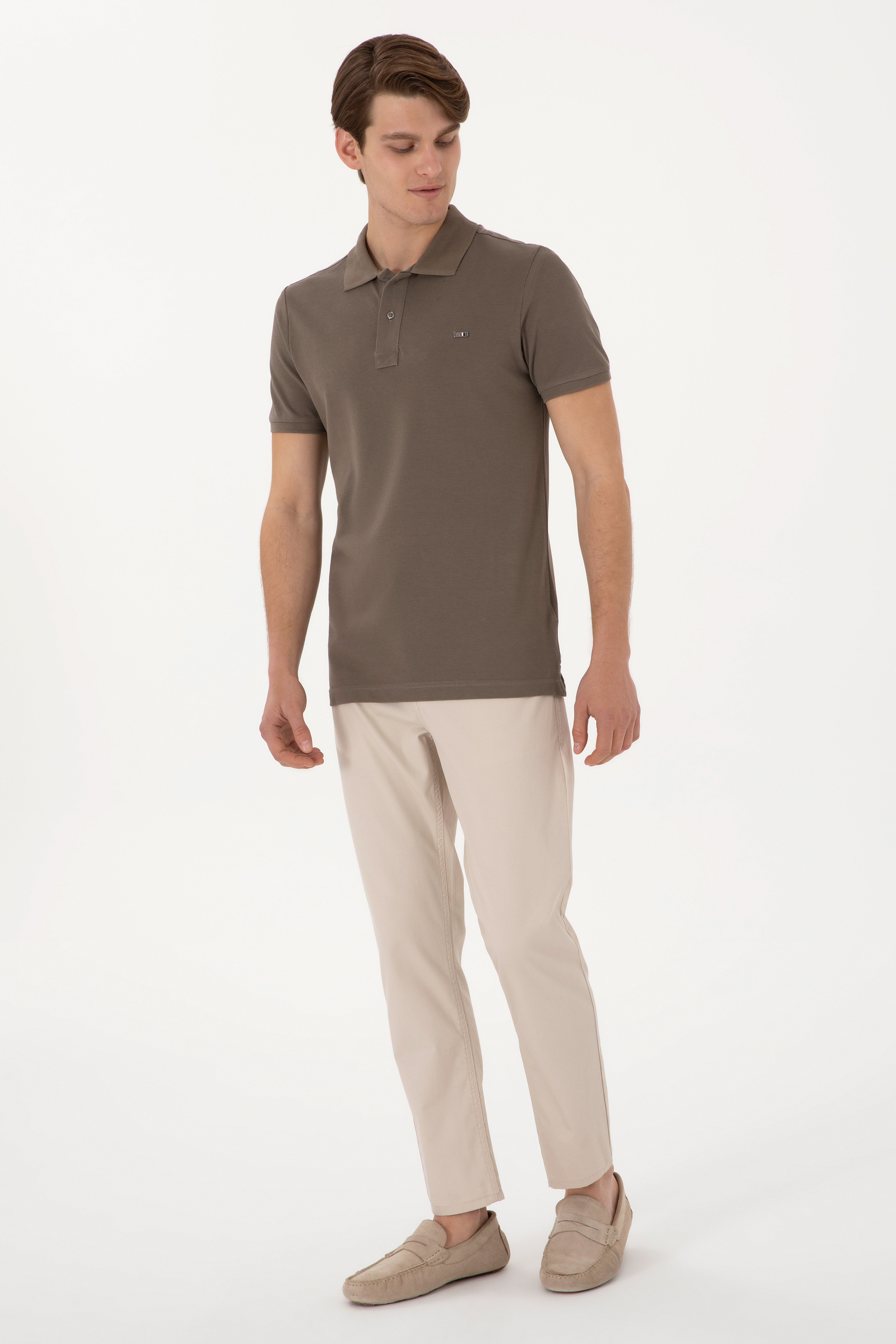 Erkek Slim Fit Polo Yaka Vizon Basic Tişört