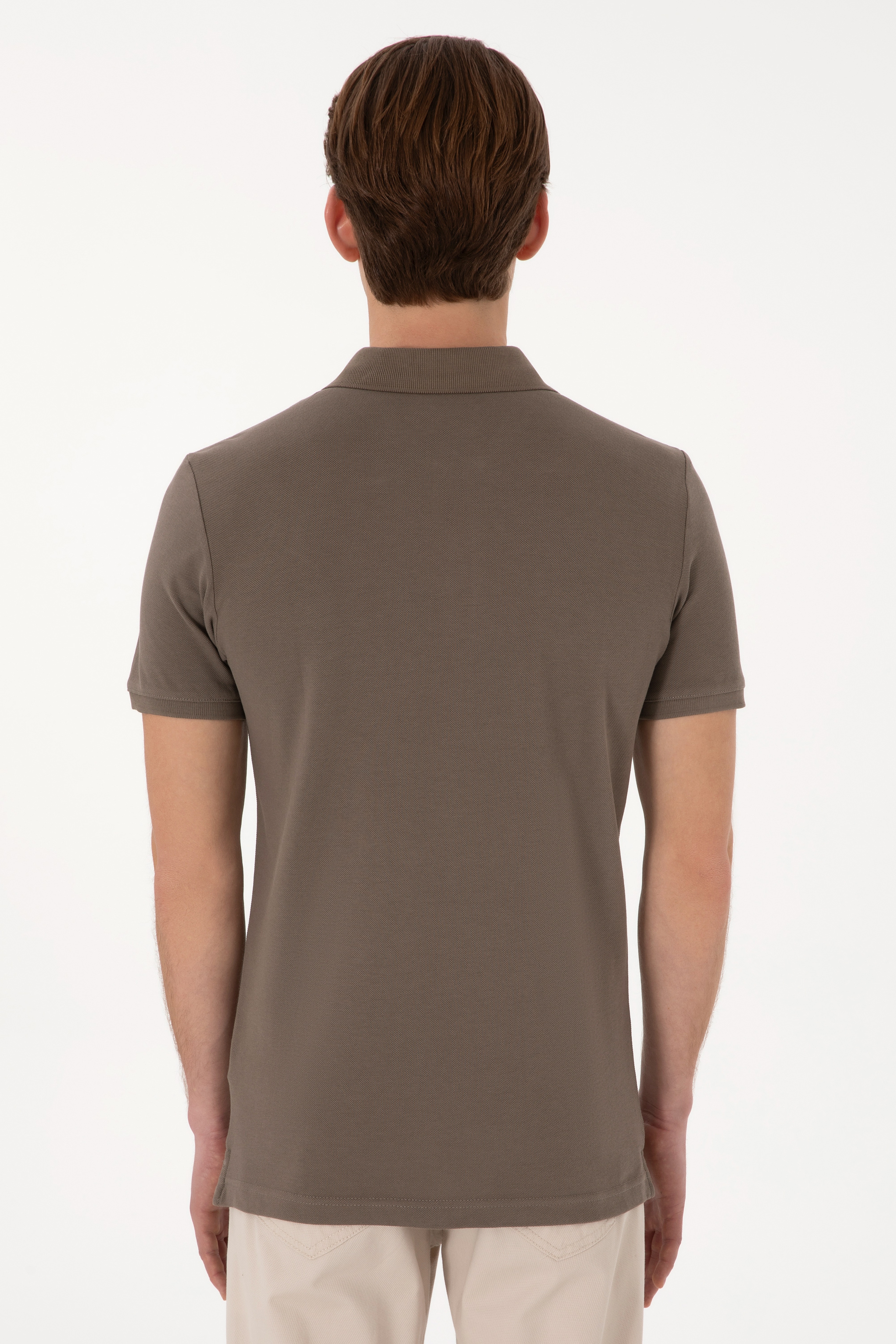 Erkek Slim Fit Polo Yaka Vizon Basic Tişört - Image 5