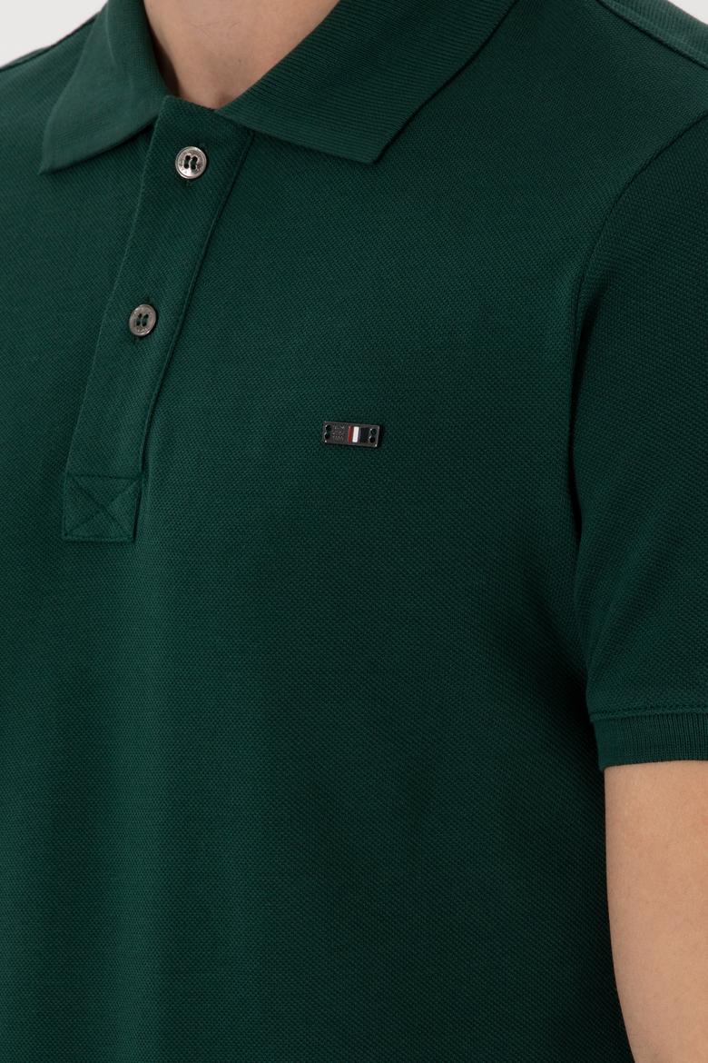 Erkek Slim Fit Polo Yaka Koyu Yeşil Basic Tişört - 50298042050