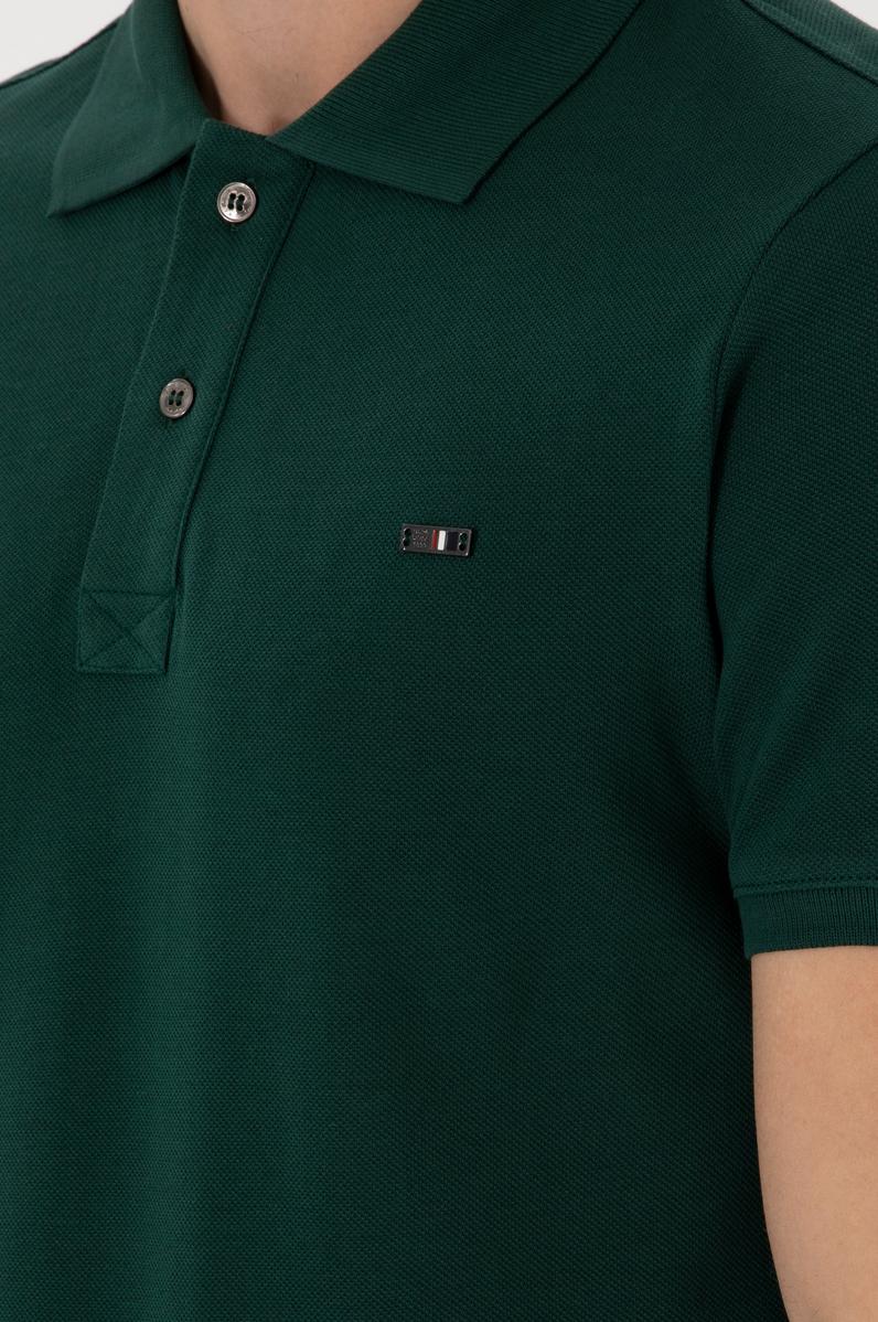 Erkek Slim Fit Polo Yaka Koyu Yeşil Basic Tişört
