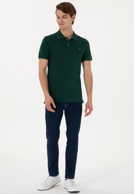Erkek Slim Fit Polo Yaka Koyu Yeşil Basic Tişört - 50298042050