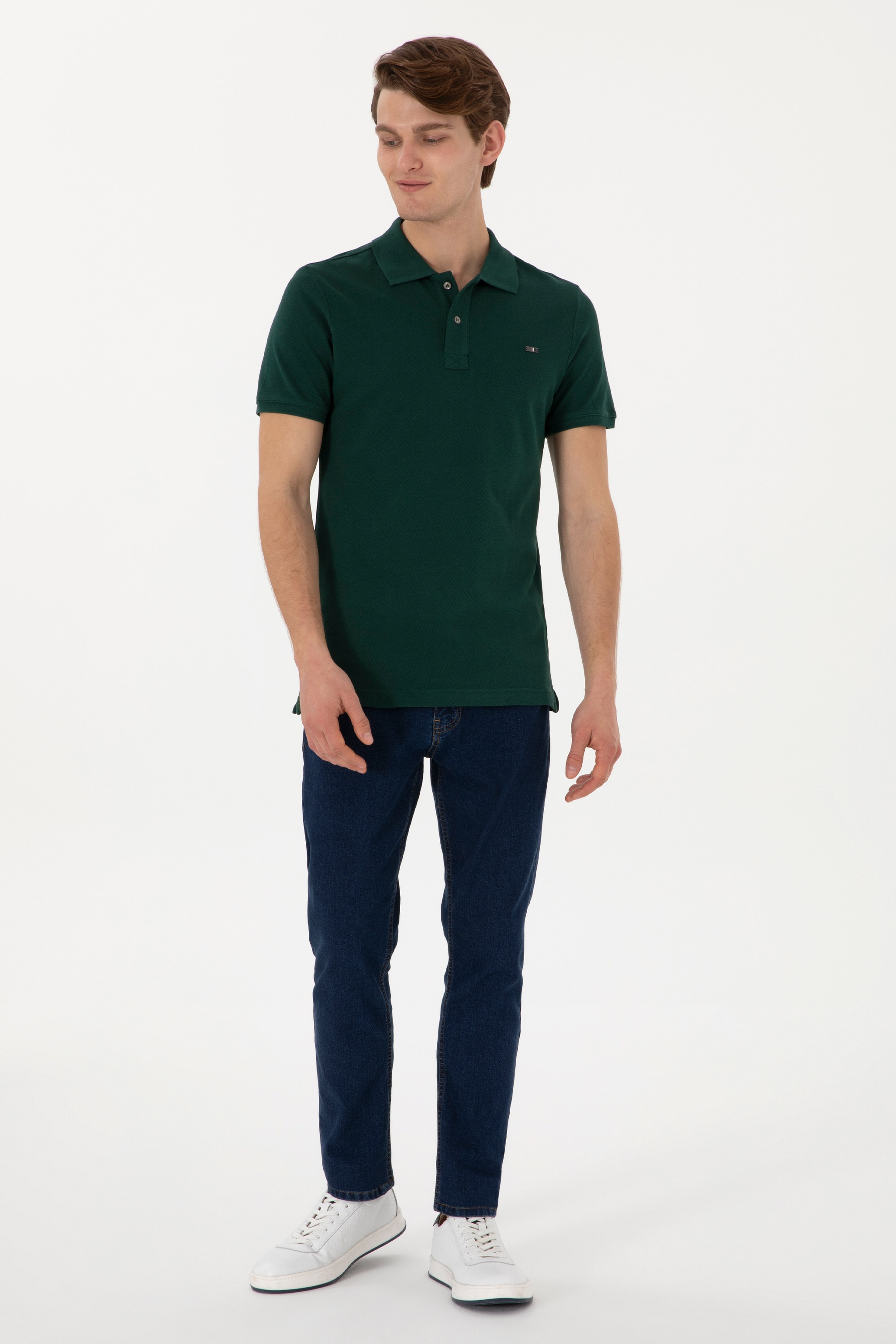 Erkek Slim Fit Polo Yaka Koyu Yeşil Basic Tişört