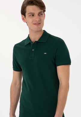Erkek Slim Fit Polo Yaka Koyu Yeşil Basic Tişört - 50298042050