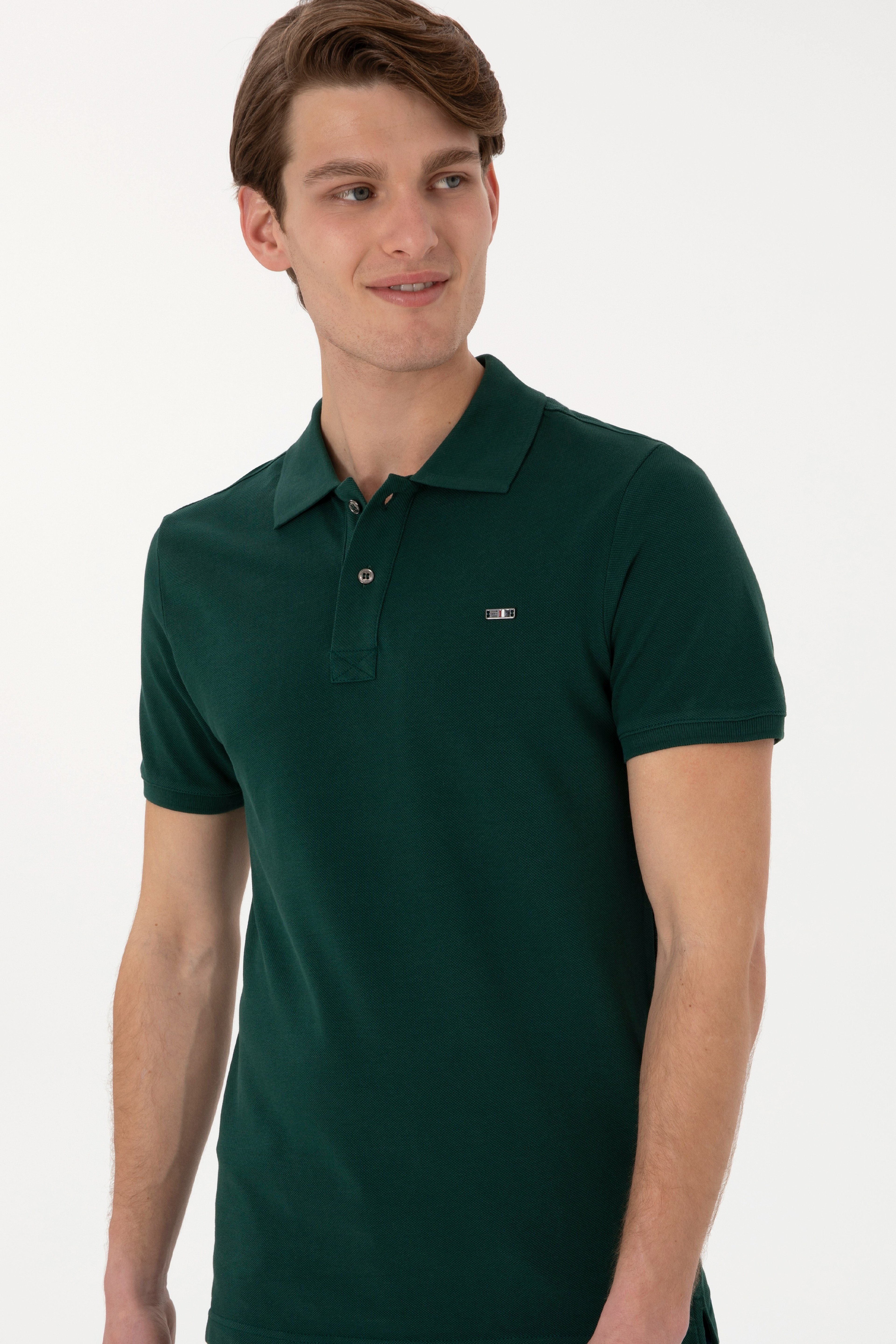 Erkek Slim Fit Polo Yaka Koyu Yeşil Basic Tişört