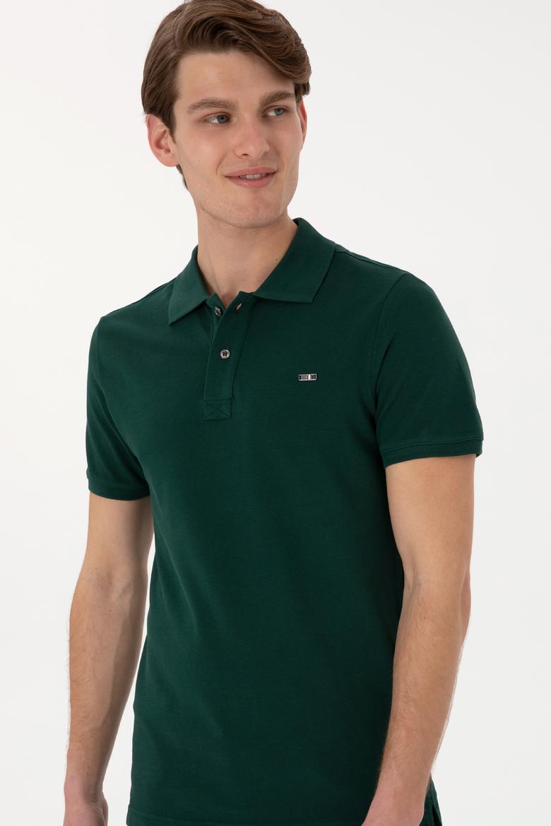 Erkek Slim Fit Polo Yaka Koyu Yeşil Basic Tişört - 50298042050