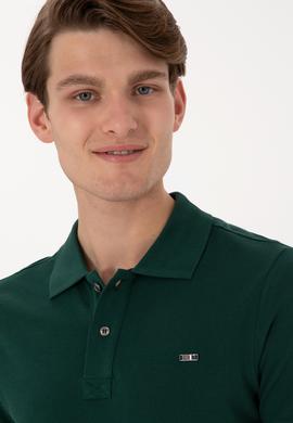 Erkek Slim Fit Polo Yaka Koyu Yeşil Basic Tişört - 50298042050