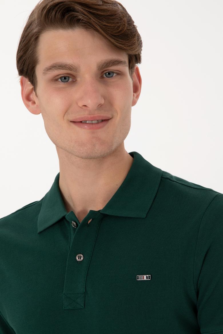 Erkek Slim Fit Polo Yaka Koyu Yeşil Basic Tişört - 50298042050