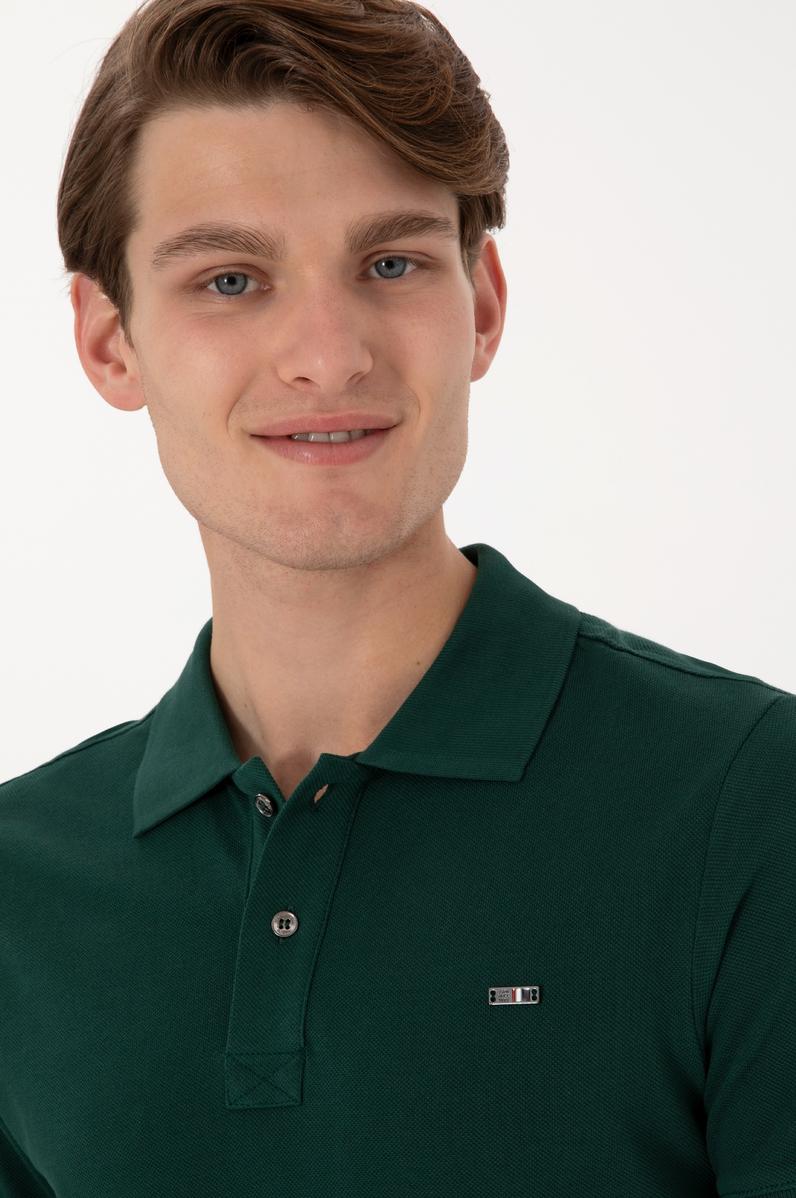 Erkek Slim Fit Polo Yaka Koyu Yeşil Basic Tişört