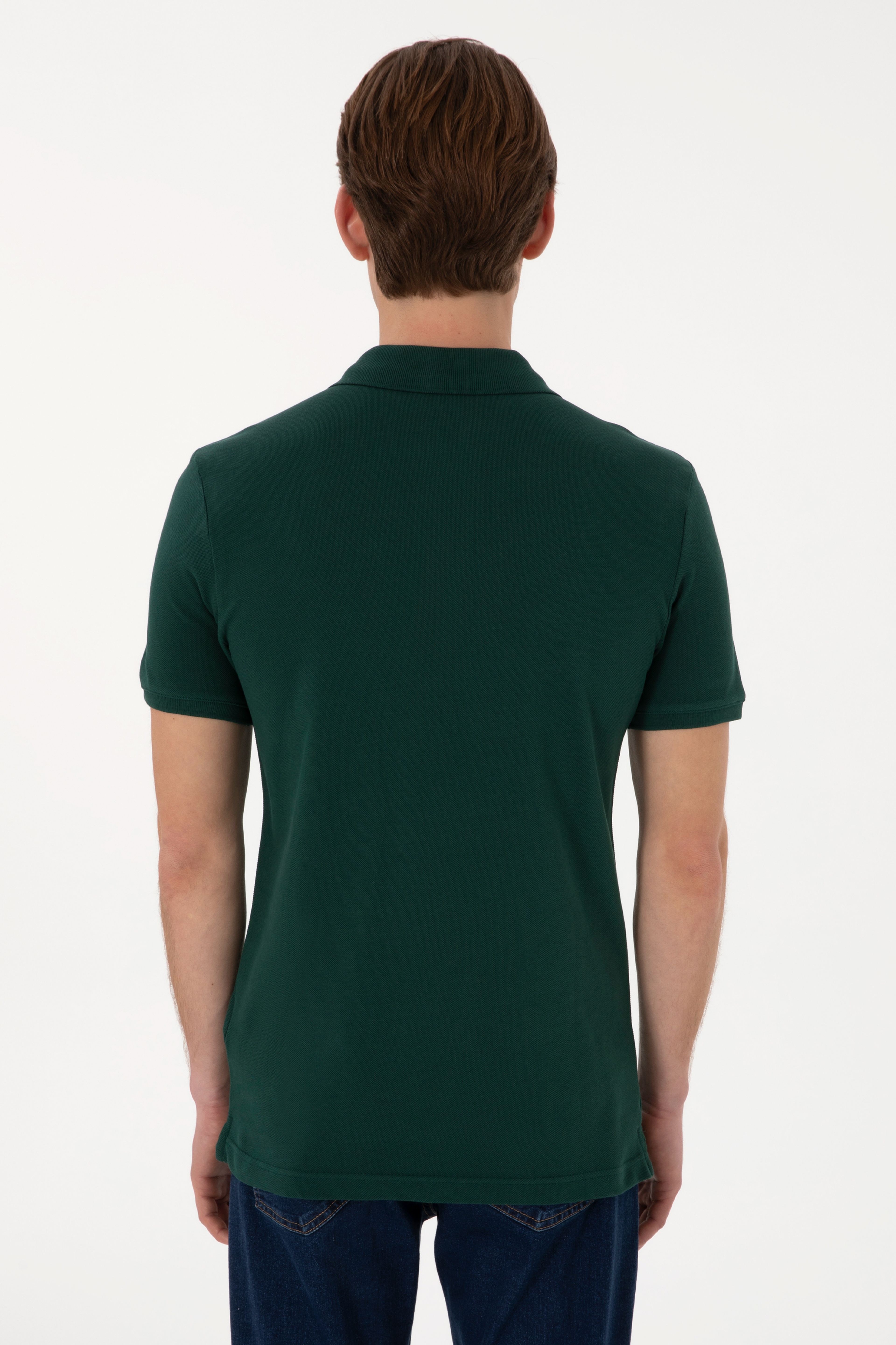 Erkek Slim Fit Polo Yaka Koyu Yeşil Basic Tişört - Image 5
