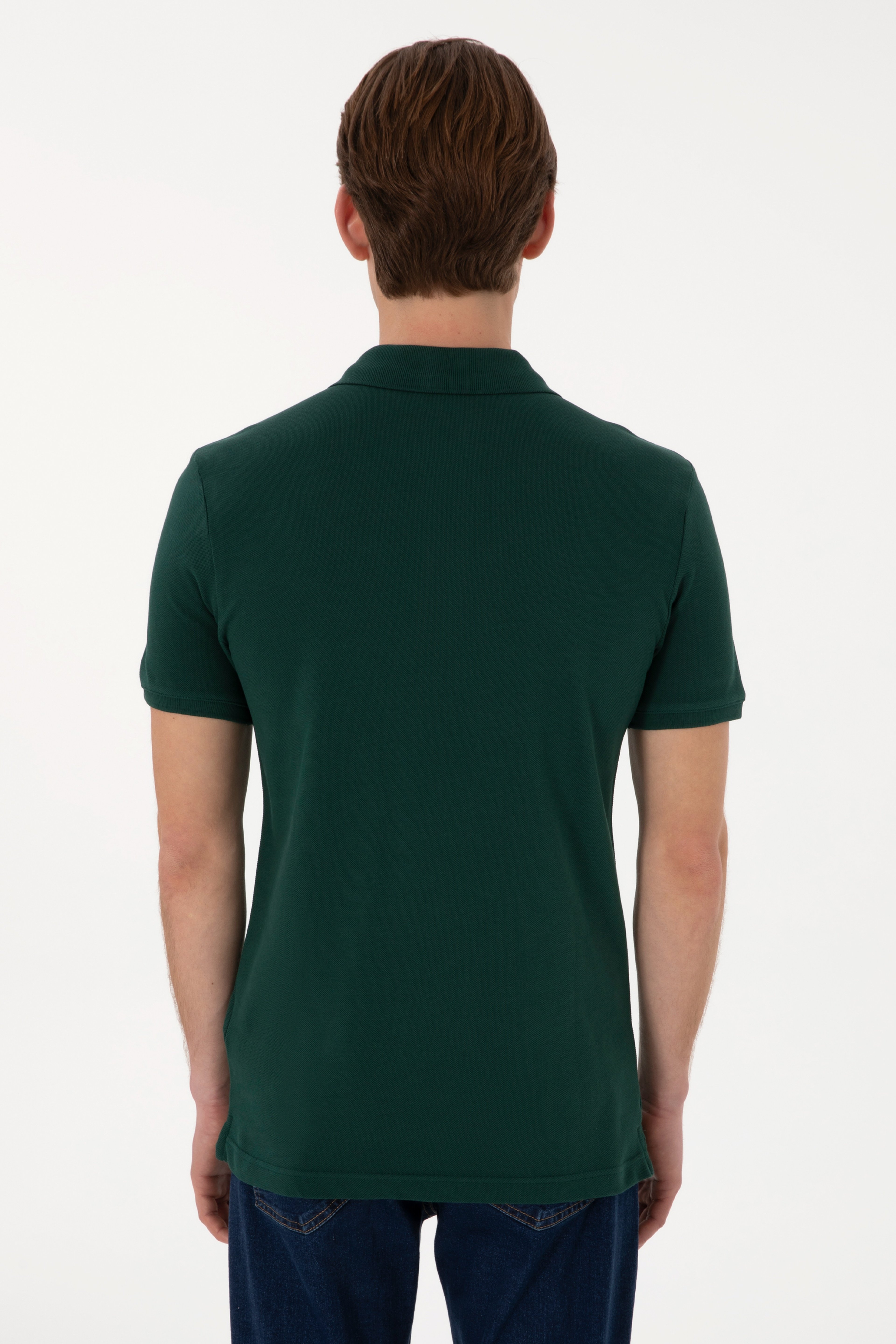 Erkek Slim Fit Polo Yaka Koyu Yeşil Basic Tişört