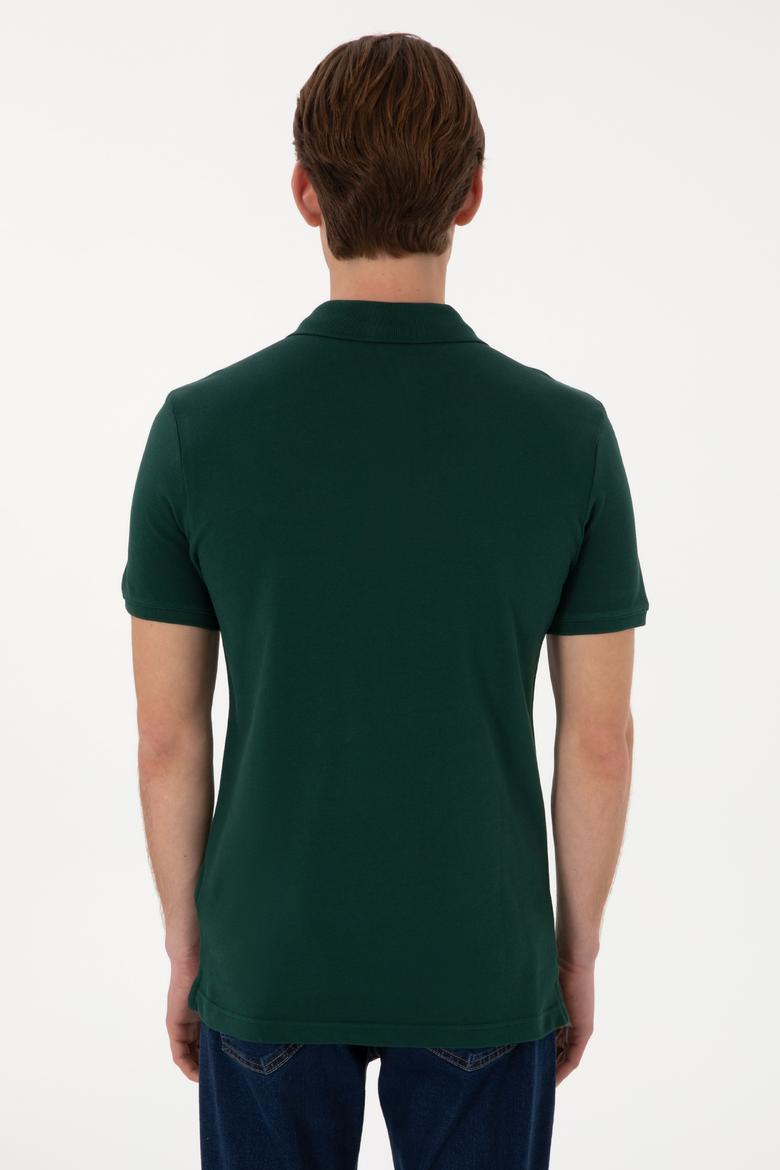 Erkek Slim Fit Polo Yaka Koyu Yeşil Basic Tişört - 50298042050