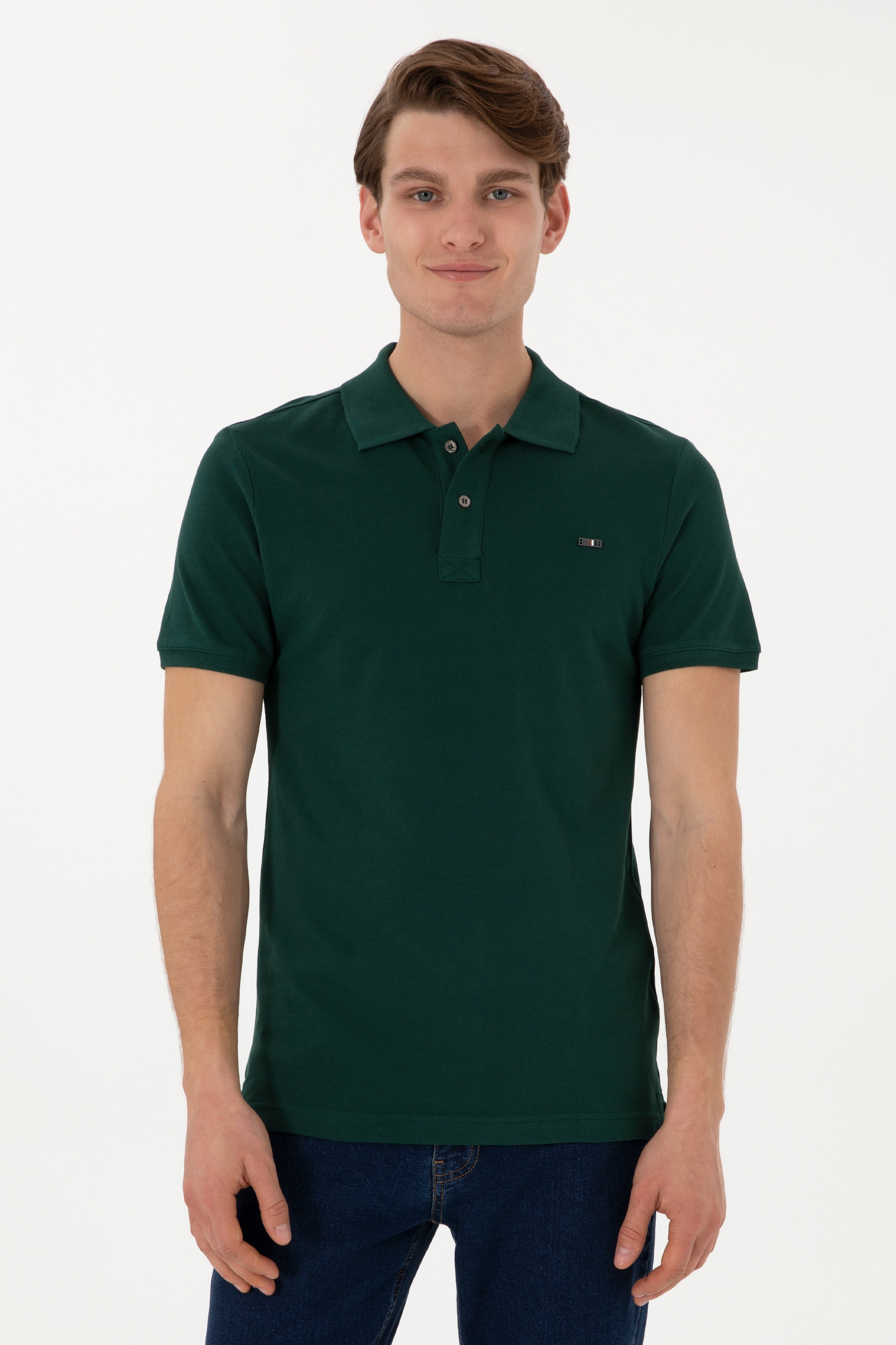 Erkek Slim Fit Polo Yaka Koyu Yeşil Basic Tişört - Image 1