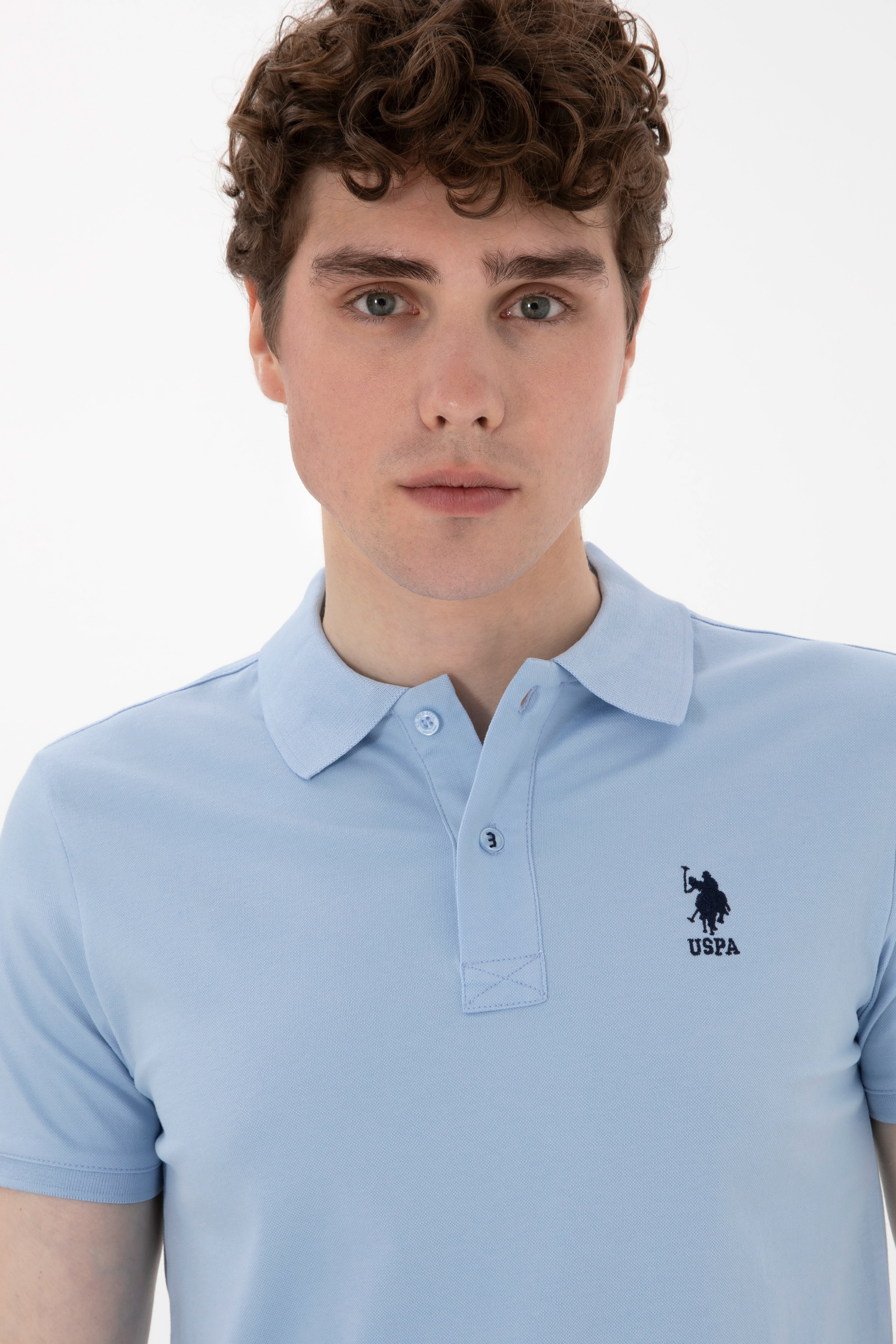 Erkek Slim Fit Polo Yaka Açık Mavi Basic Tişört - Image 2
