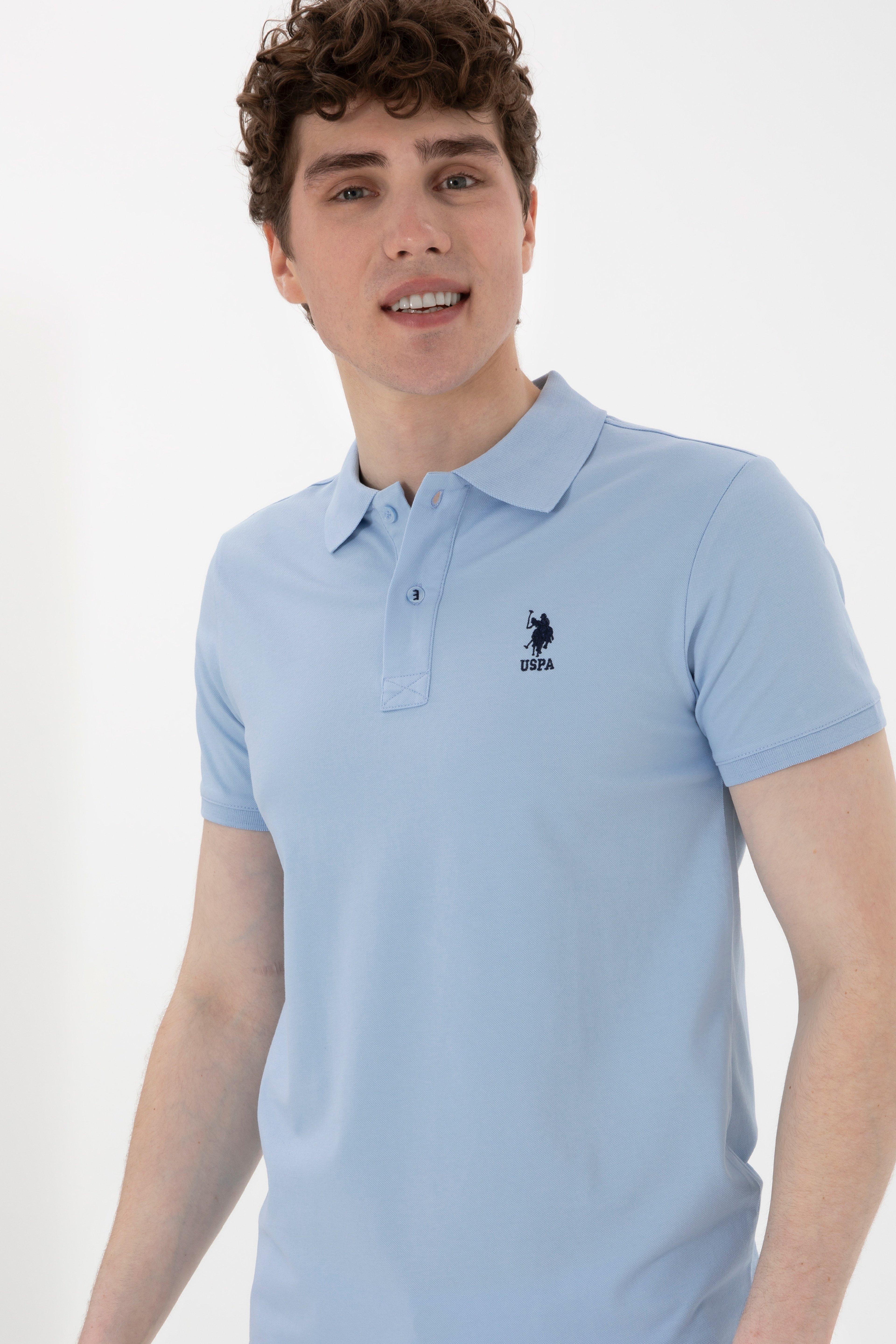 Erkek Slim Fit Polo Yaka Açık Mavi Basic Tişört - Image 3