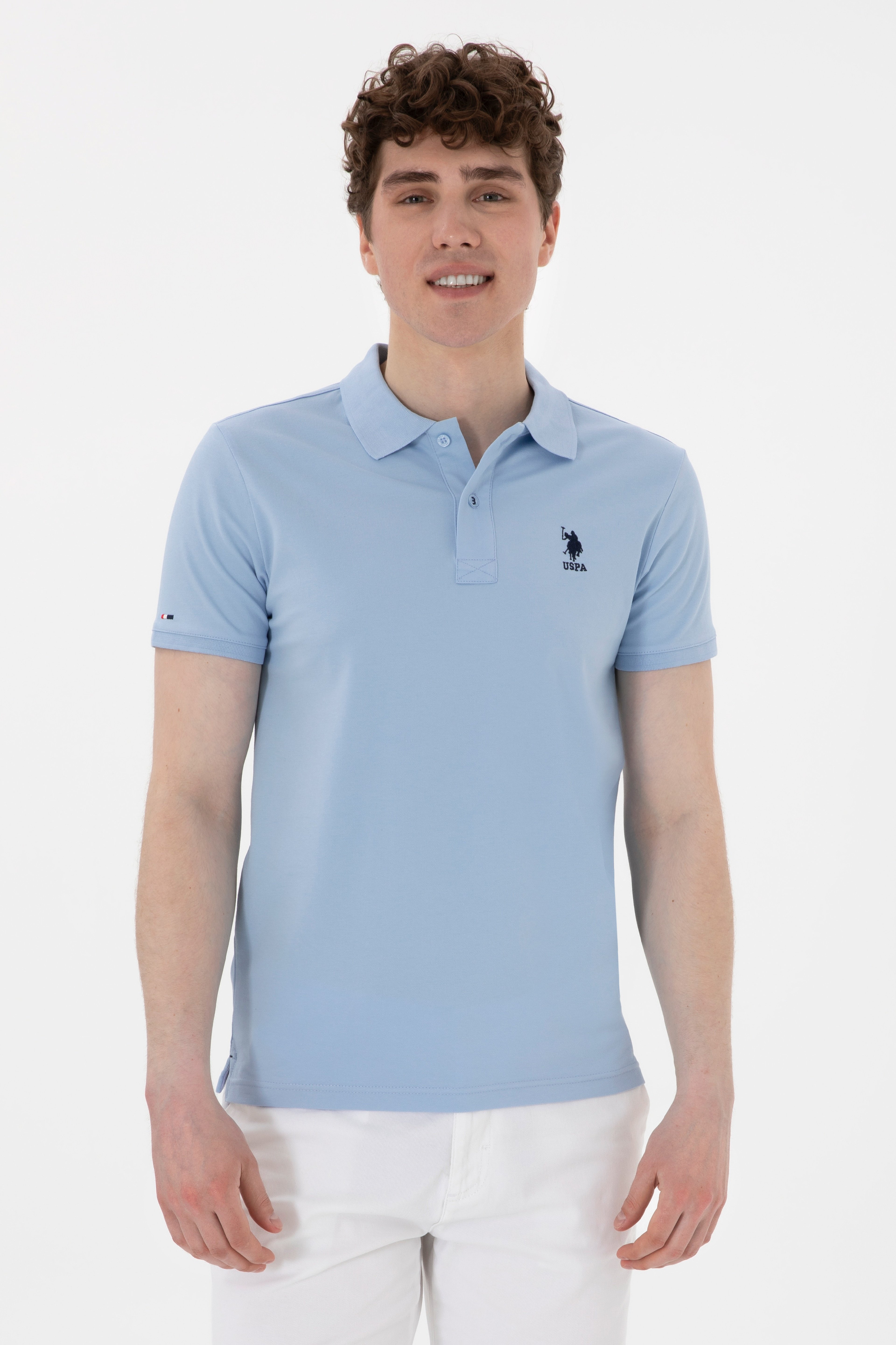 Erkek Slim Fit Polo Yaka Açık Mavi Basic Tişört - Image 1