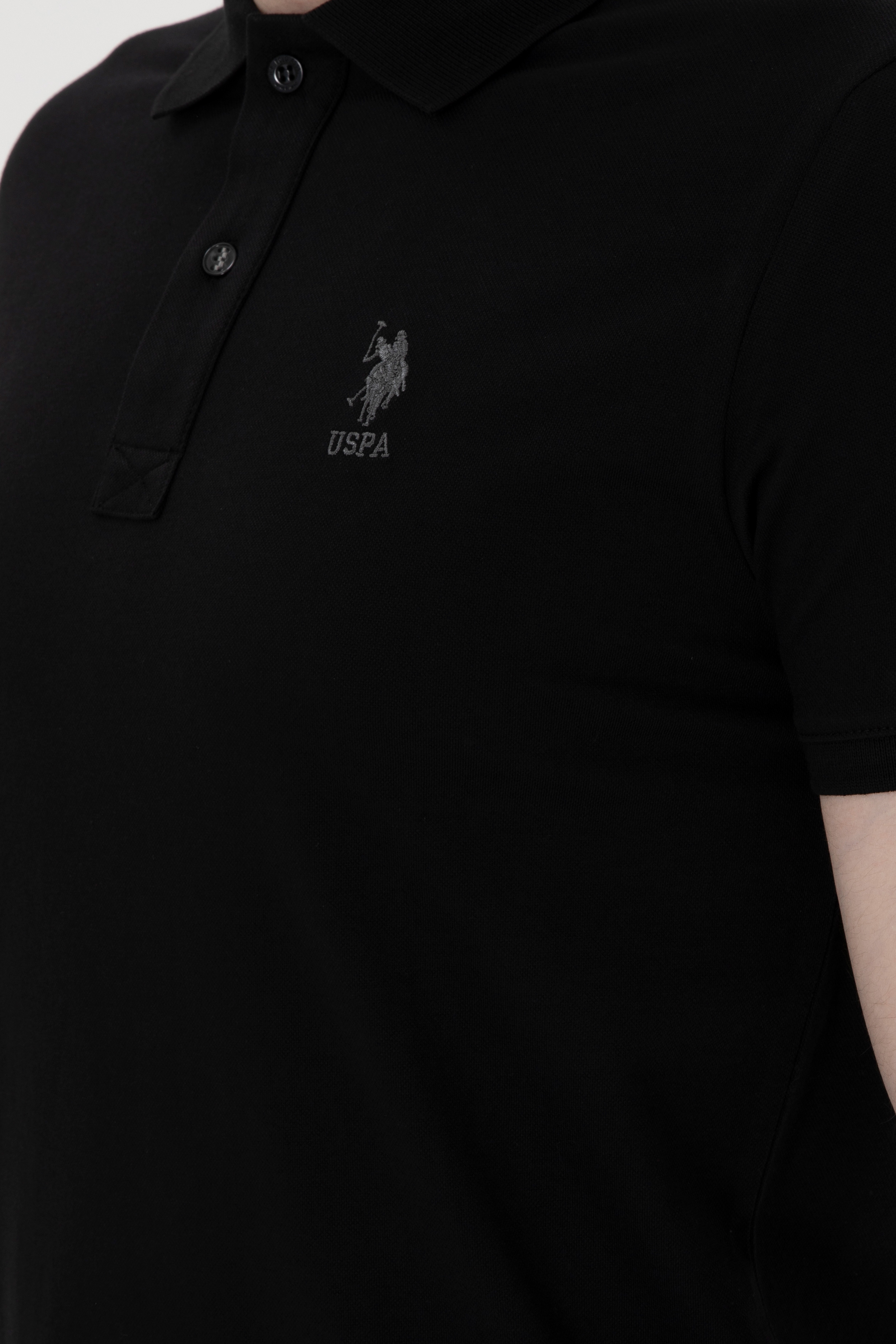 Erkek Slim Fit Polo Yaka Siyah Basic Tişört - Image 7