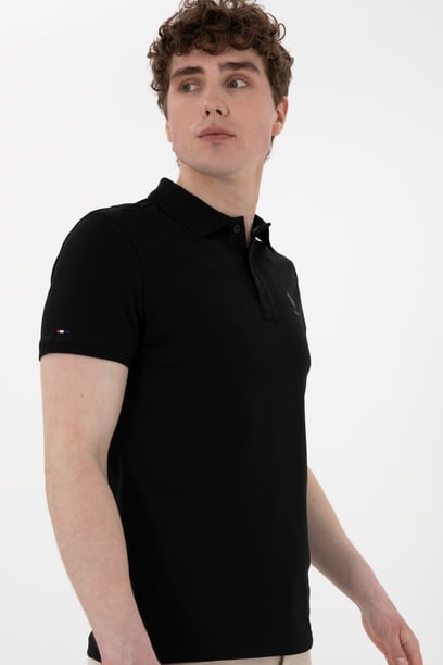 Erkek Slim Fit Polo Yaka Siyah Basic Tişört