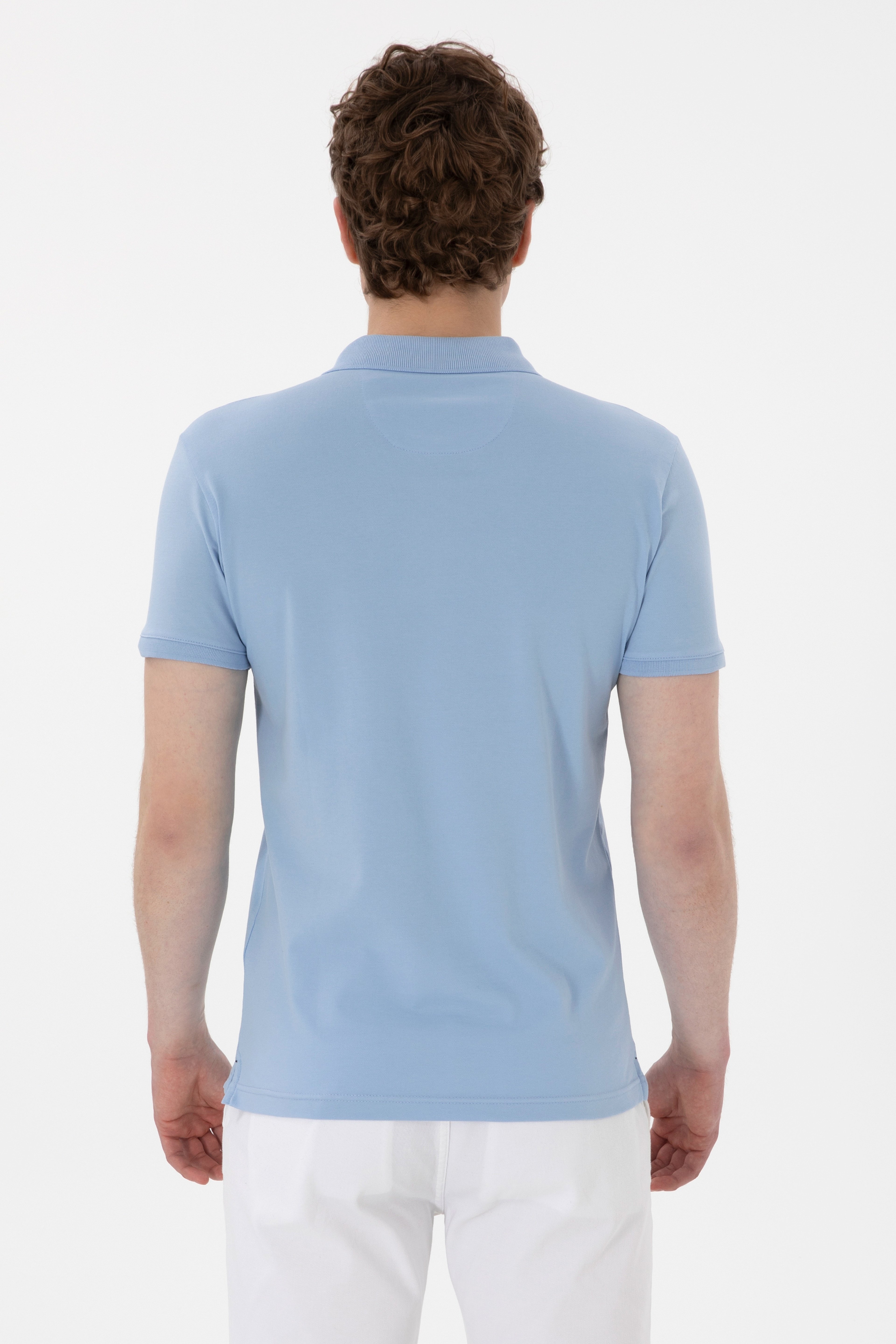 Erkek Slim Fit Polo Yaka Açık Mavi Basic Tişört - Image 5