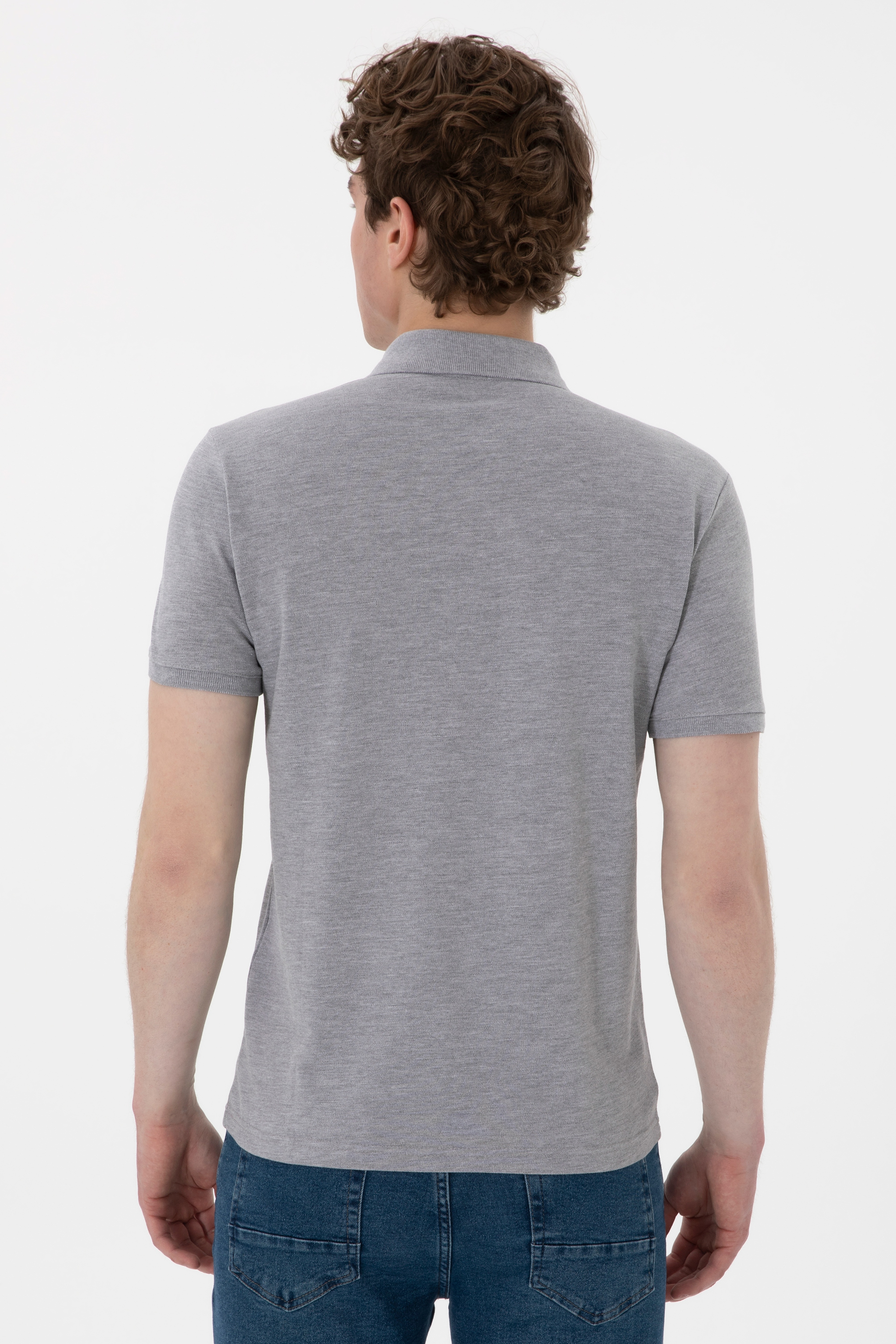 Erkek Slim Fit Polo Yaka Gri Melanj Basic Tişört - Image 5