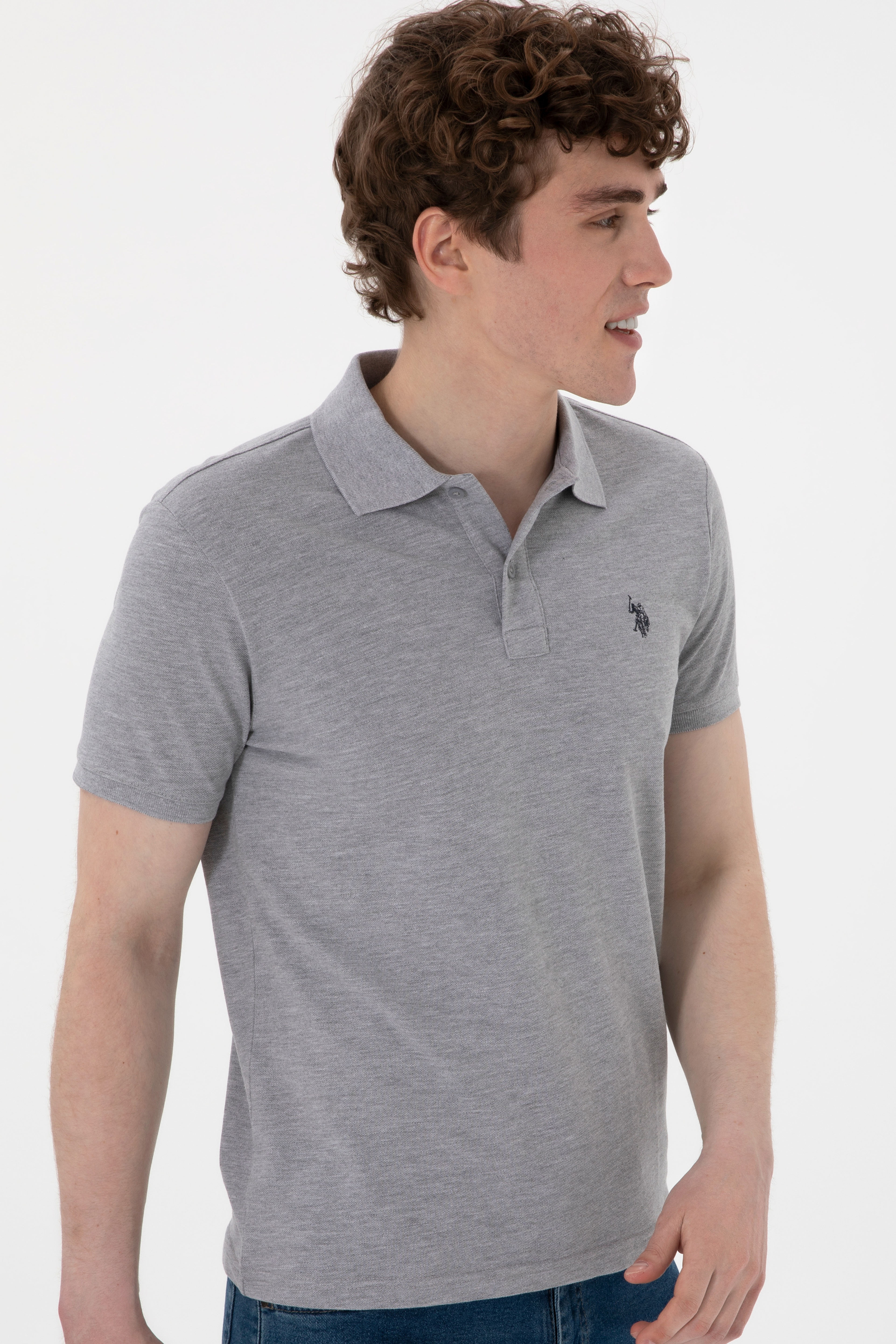 Erkek Slim Fit Polo Yaka Gri Melanj Basic Tişört - Image 3