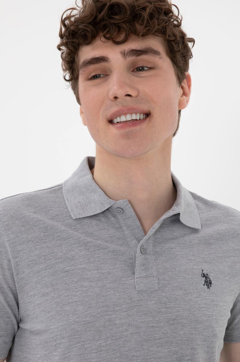 Erkek Slim Fit Polo Yaka Gri Melanj Basic Tişört