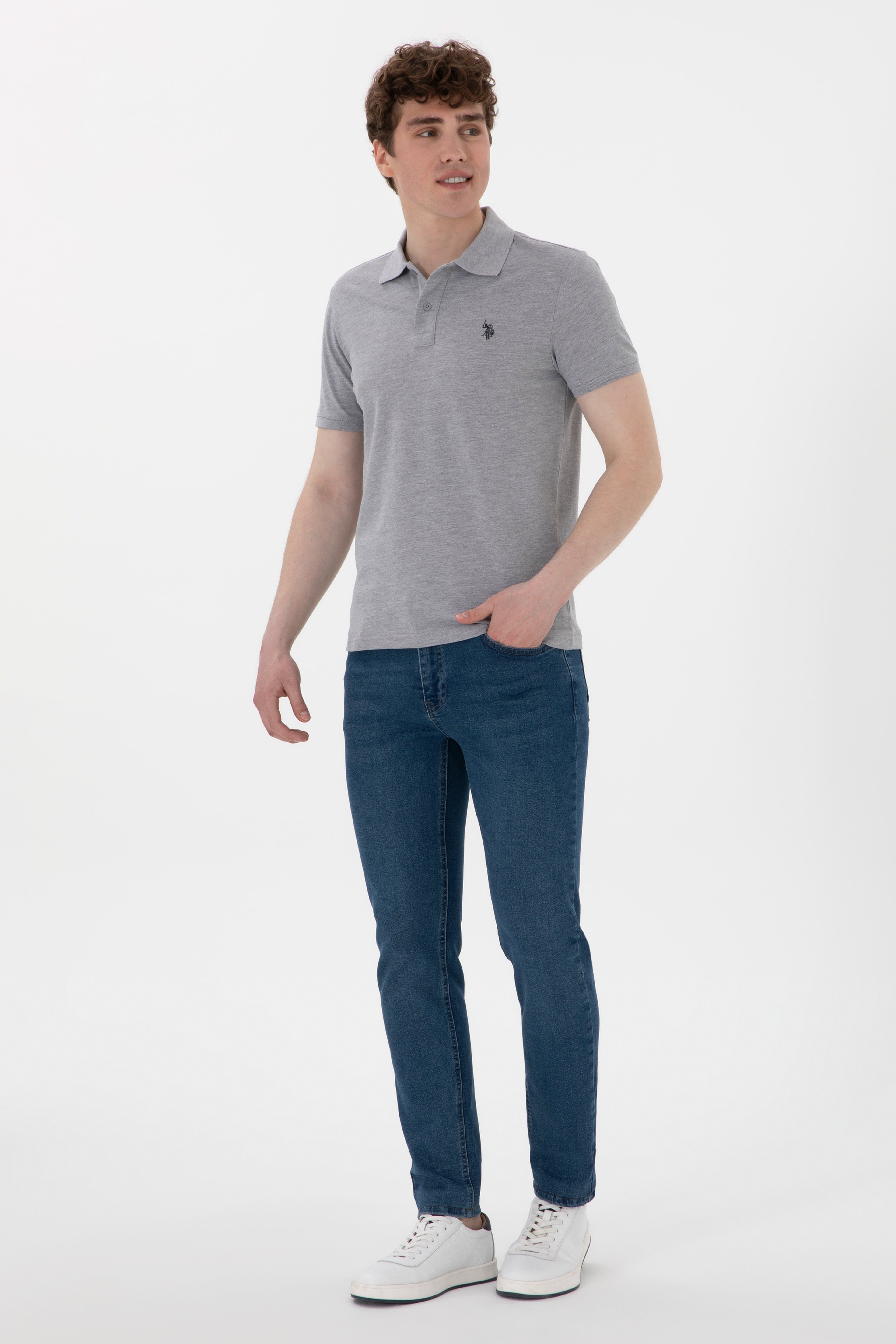Erkek Slim Fit Polo Yaka Gri Melanj Basic Tişört - Image 4