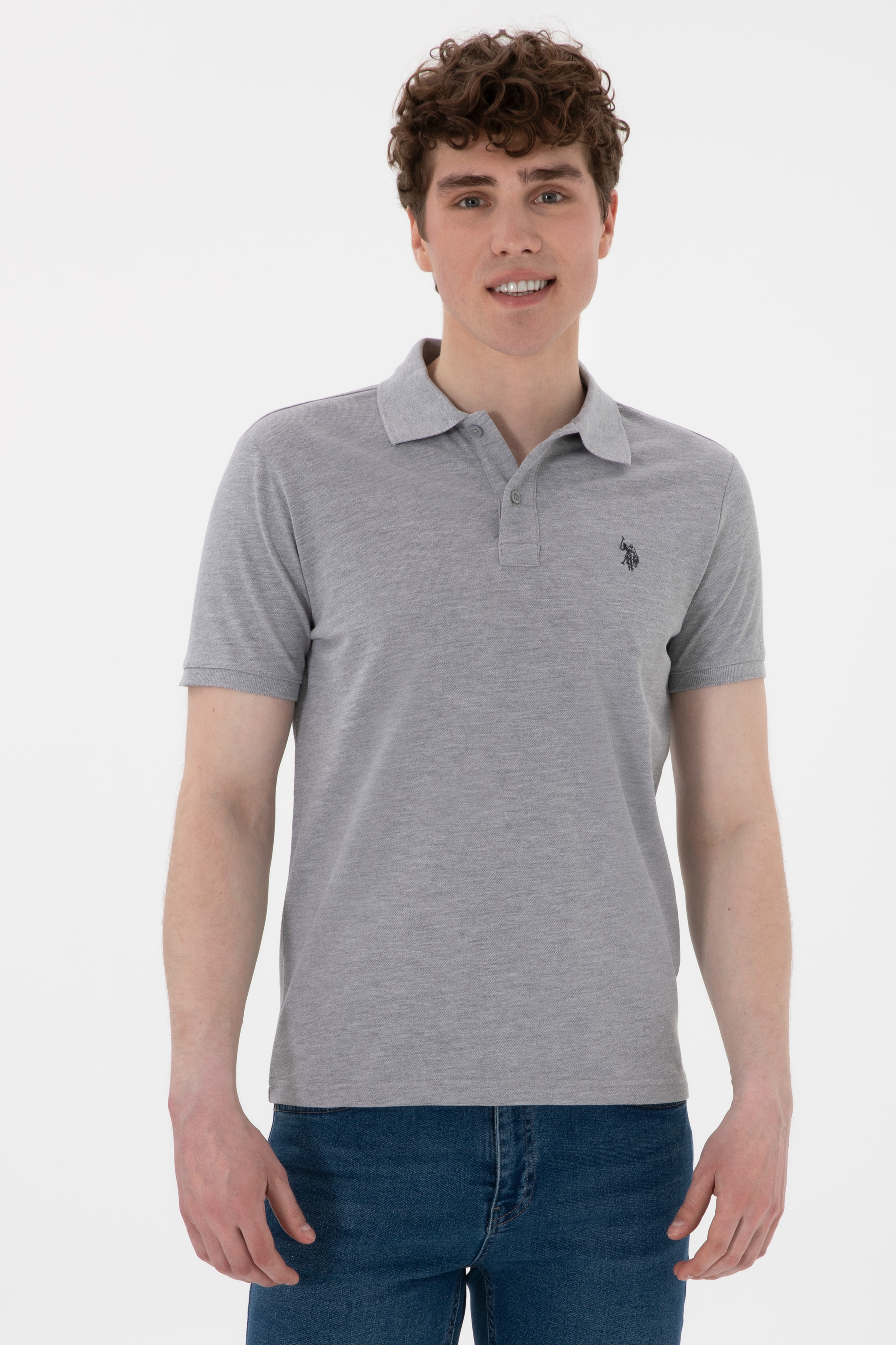 Erkek Slim Fit Polo Yaka Gri Melanj Basic Tişört - Image 1