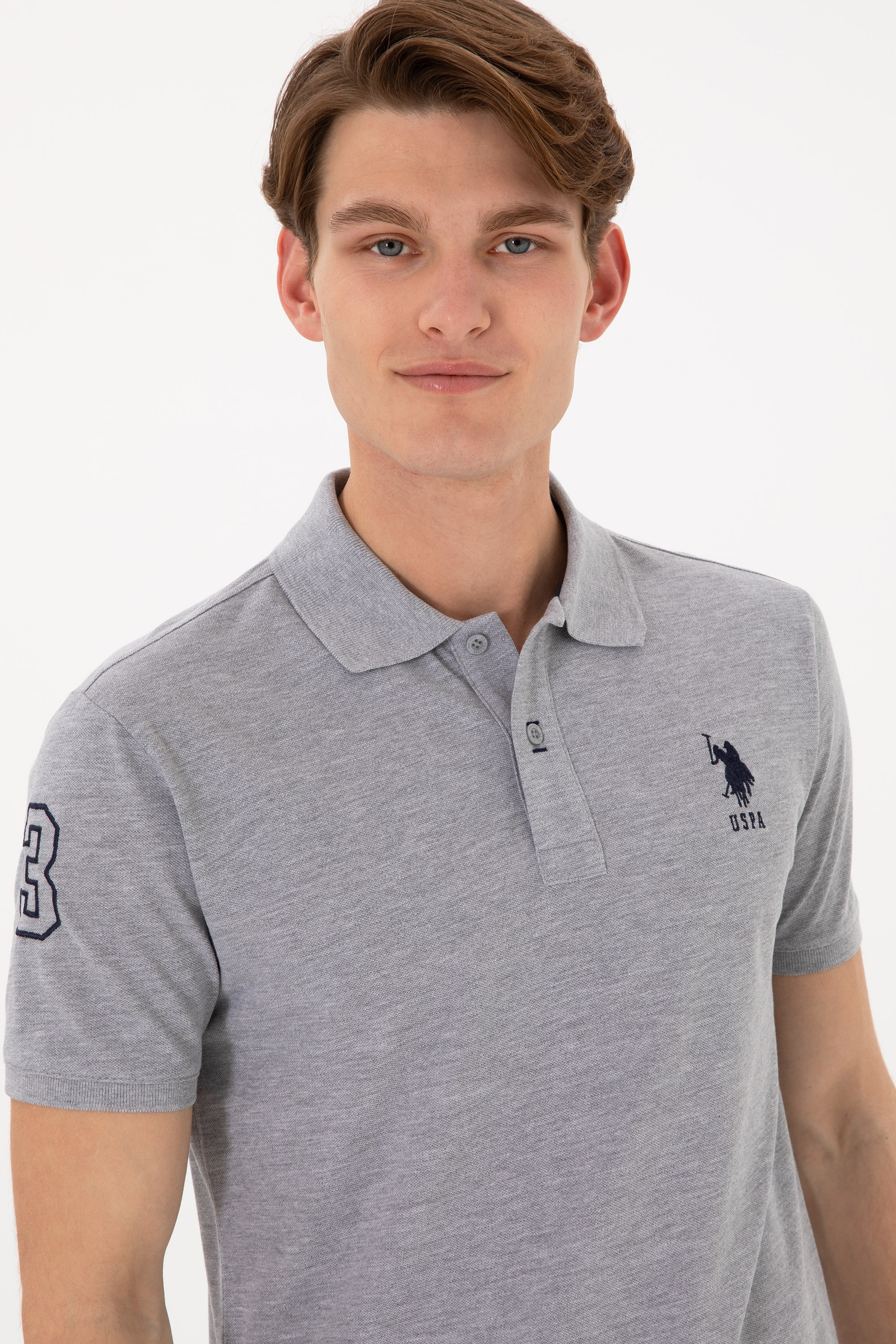 Erkek Slim Fit Polo Yaka Gri Melanj Basic Tişört - Image 3