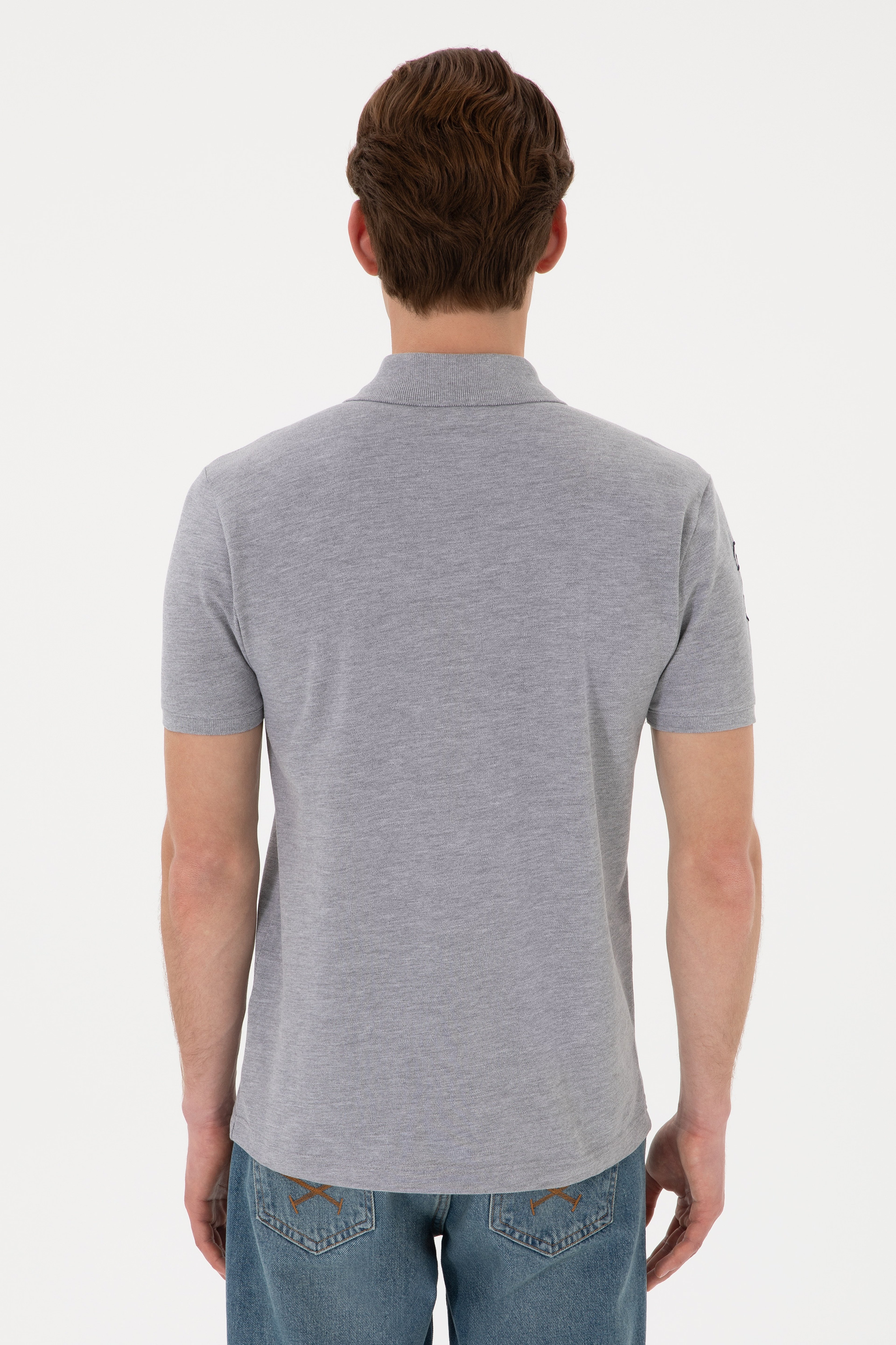 Erkek Slim Fit Polo Yaka Gri Melanj Basic Tişört